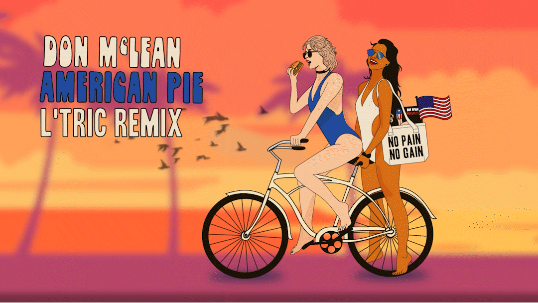Two women in swimsuits riding a bicycle at sunset, one with an American flag and a bag that says 'No Pain No Gain', with text about Don McLian American Pie LTric Remix.