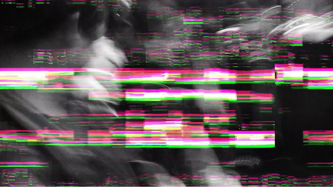 Abstract digital glitch with distorted pink, green, and white horizontal lines and pixelated shapes.