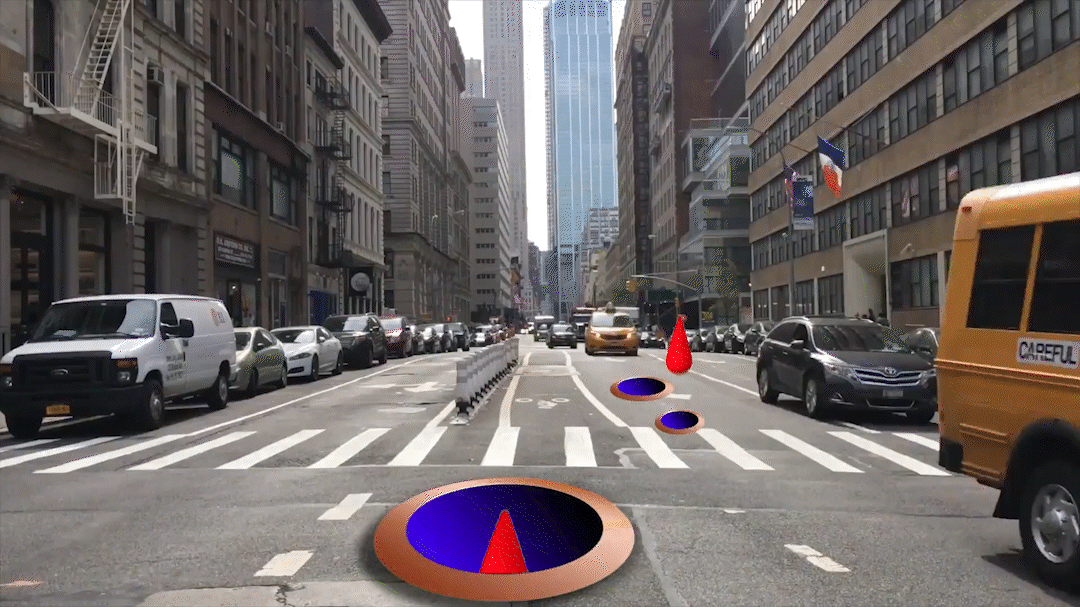 Street in a city with cars parked along the sides, tall buildings, and a crosswalk. Digital holes and a blood drop graphic are overlayed on the street, resembling a video game environment.