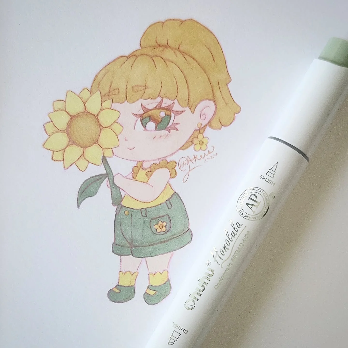 Limited color pallets are something I need to do more often in my art. 
.
.
.
#threemarkerchallenge #ohuhu #ohuhumarkers #prismacolor #chibi
