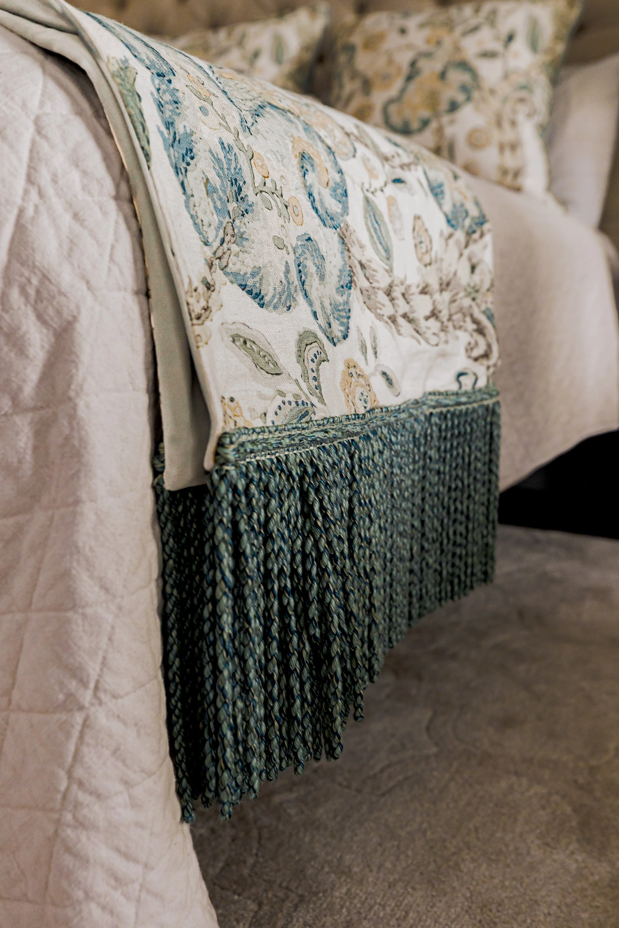 A serene master bedroom designed by Cossart Design, with soft hues, layered textures, and custom window treatments. This luxurious retreat balances comfort and elegance, offering a personal sanctuary within this quintessential Southern home.
#MasterB