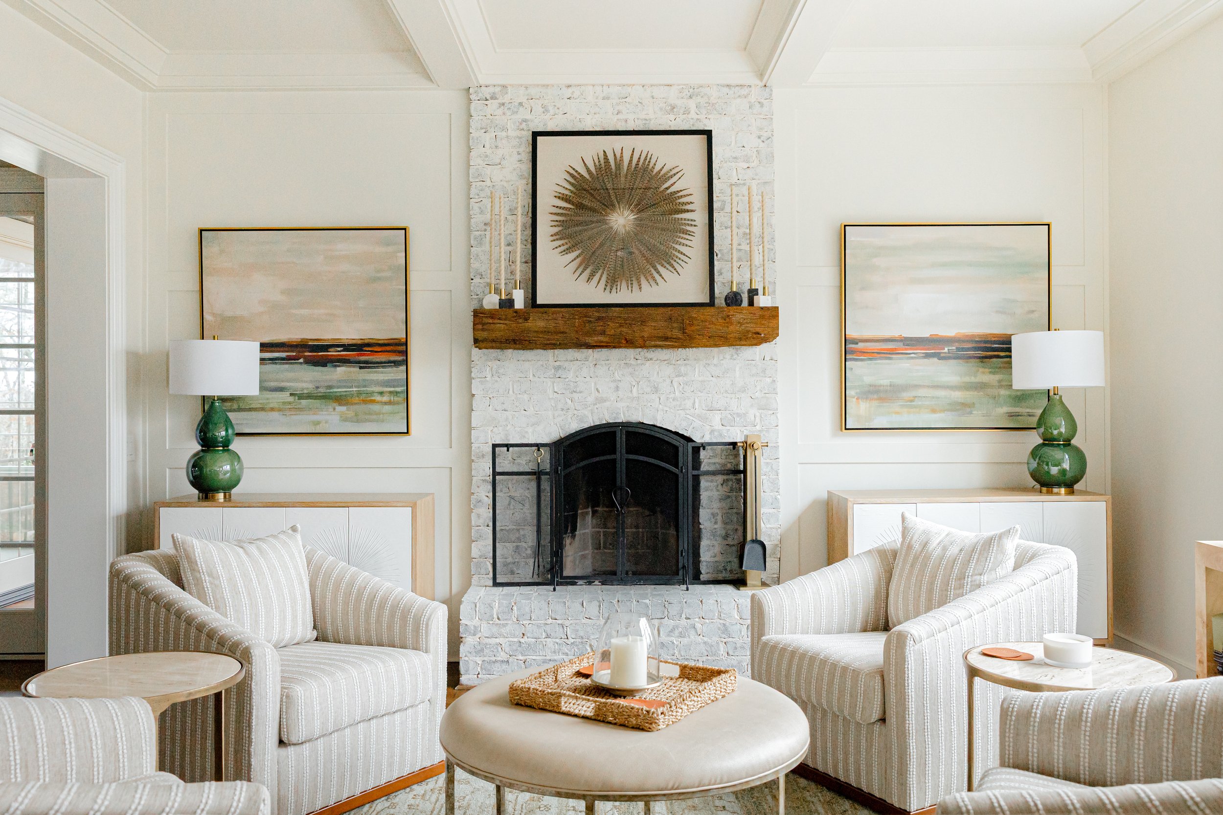 A spacious and functional living area by Cossart Design, featuring custom furnishings and layered textures for comfort and sophistication fit for a magazine spread. This Allendale home’s main living space blends timeless design with practical eleganc