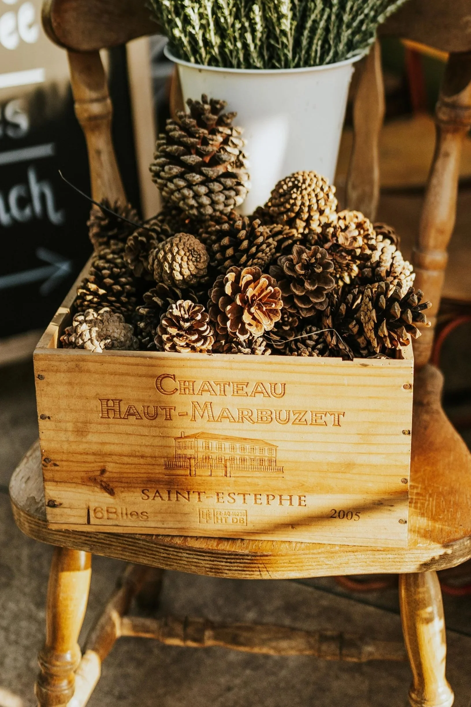 A wooden box filled with pinecones placed on a rustic wooden chair.