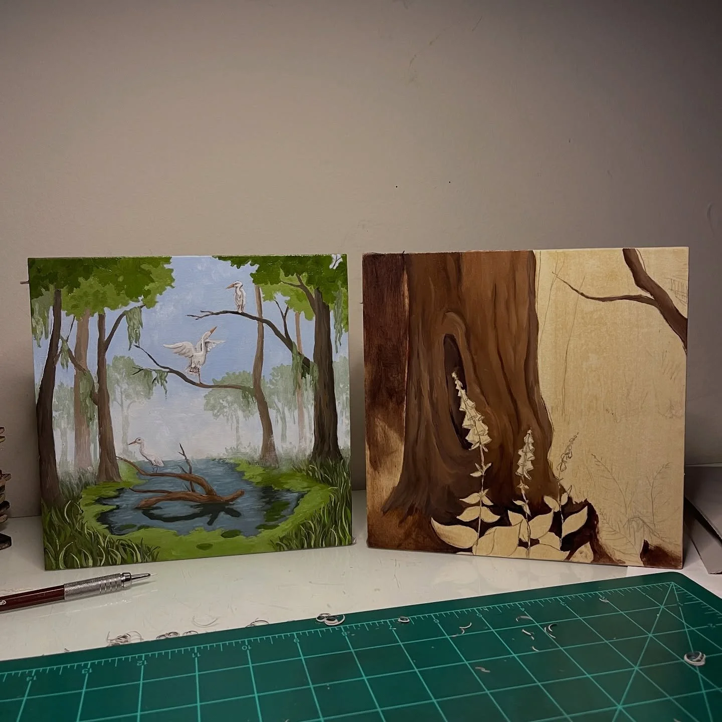 Progress so far of these pieces for the Might Mini show @creativewellarts 

The first painting is about 90% complete and really only needs a few finishing touches. I finally started the second painting yesterday, after contemplating the idea for far 