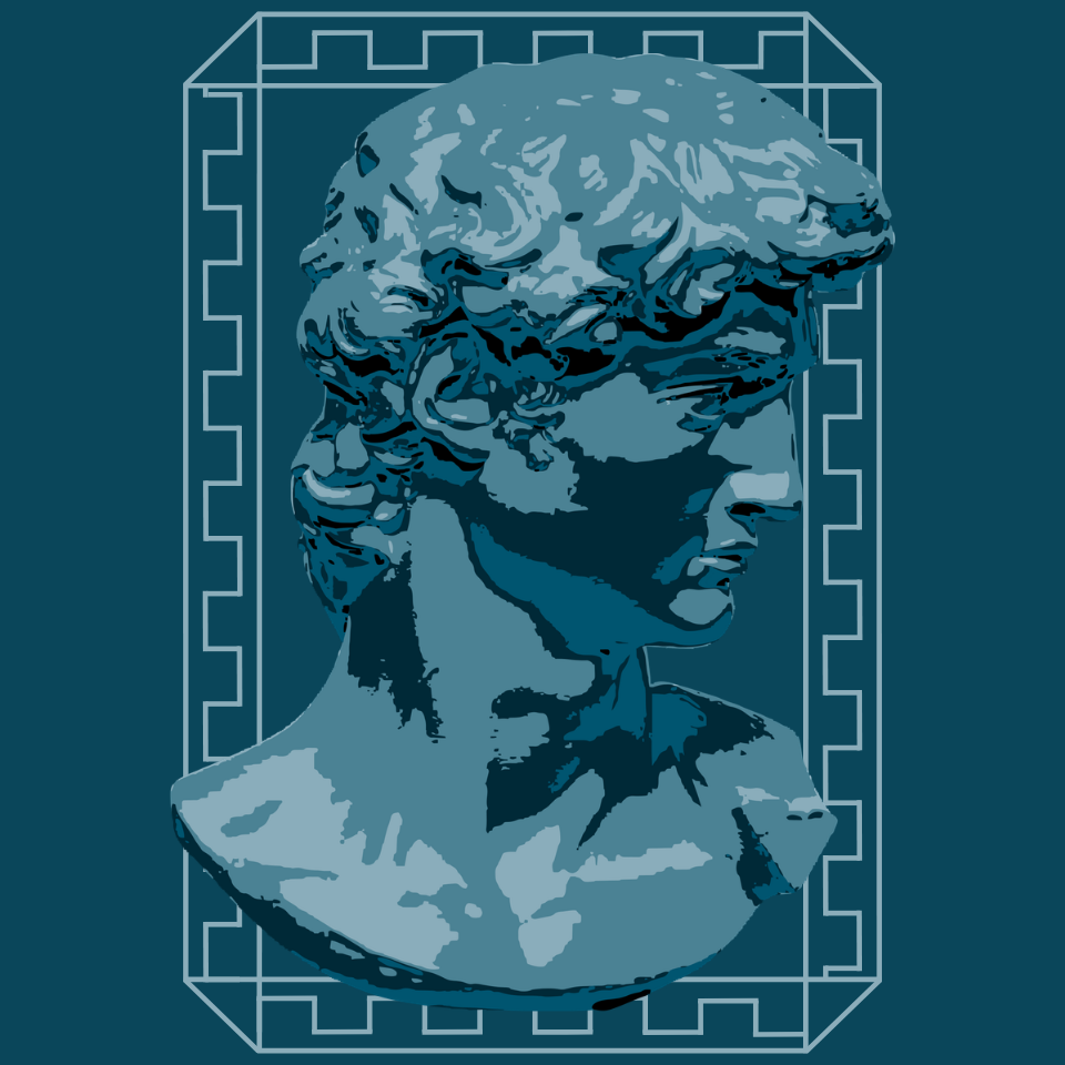 A logo designed for Blue Emerald with the bust of David by Michelangelo to showcase masculinity and details  ~ designed in Canva
