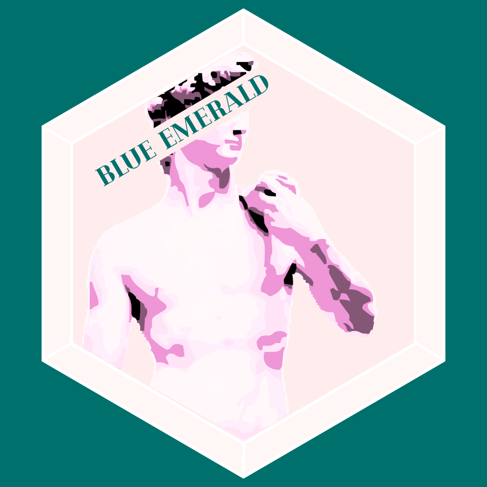 A logo designed for Blue Emerald with the statue of David by Michelangelo to showcase masculinity and details with the quartz theme ~ designed in Canva