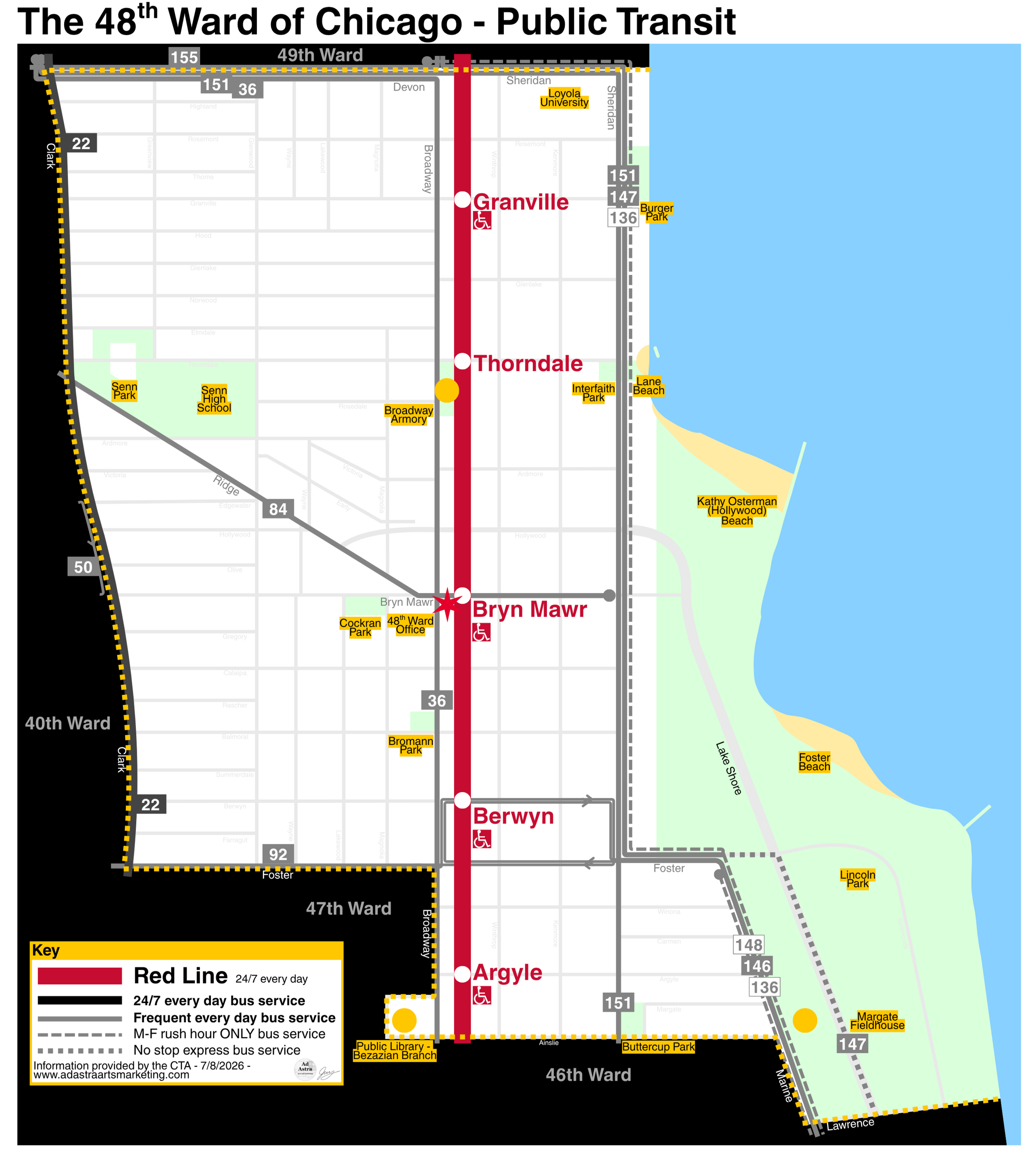 A map of the 48th Ward of Chicago and the public transit available in the ward ~ designed in Canva