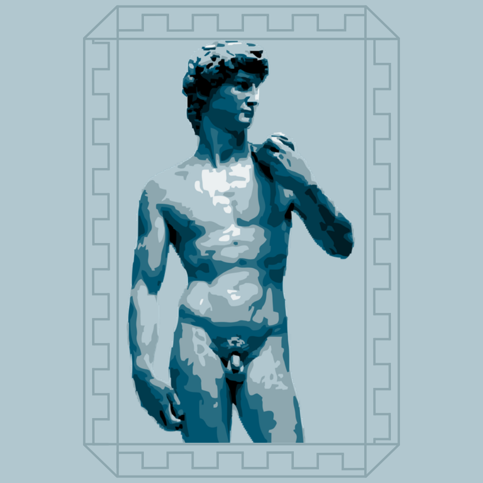 A logo designed for Blue Emerald with the statue of David by Michelangelo to showcase masculinity and details ~ designed in Canva