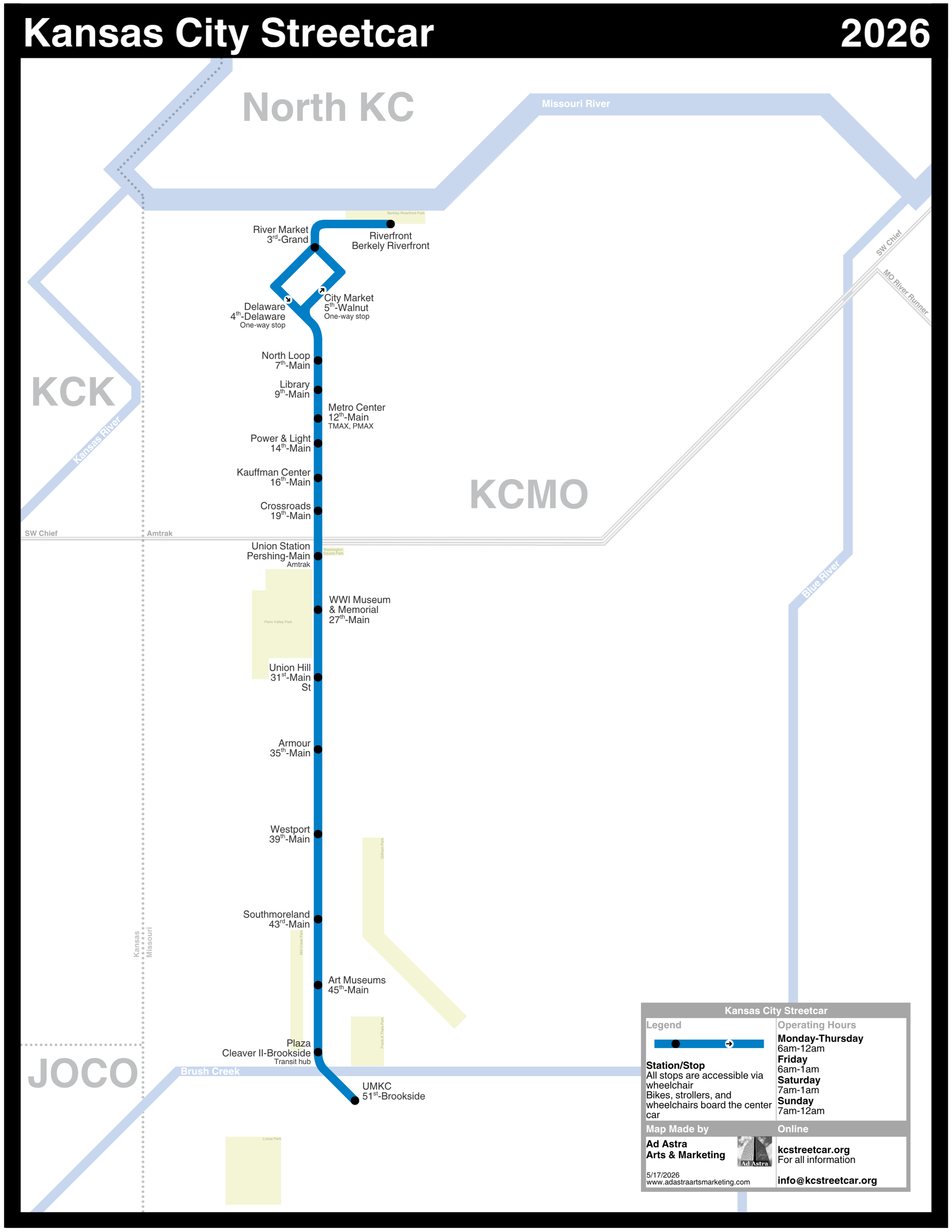A map of the Kansas City Streetcar made in the style of the 2025 NYC subway map ~ designed in Canva