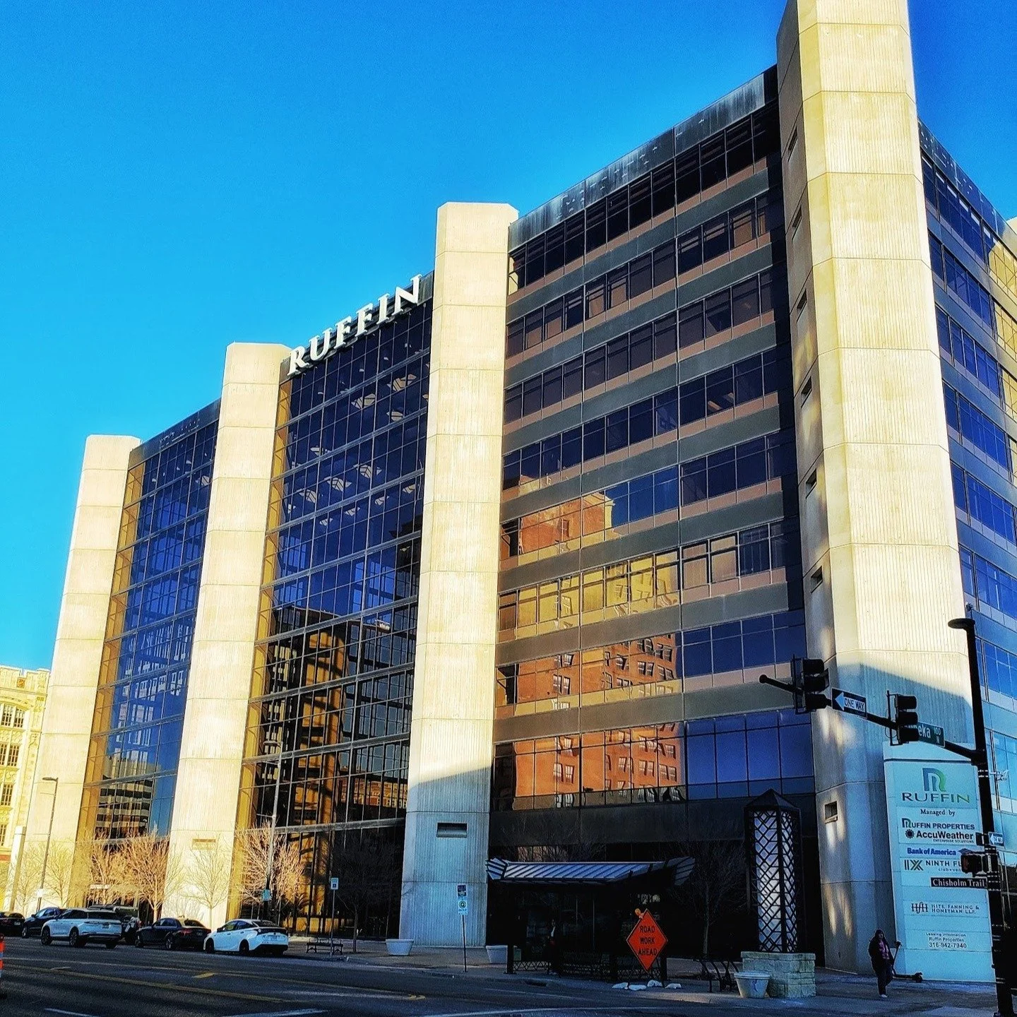 The Ruffin Building in downtown Wichita hosts a number of large offices, and has some of the biggest influences of Wichita architecture, with very similar architectural appeal to Wichita's new city hall constructed two years later. This building has 