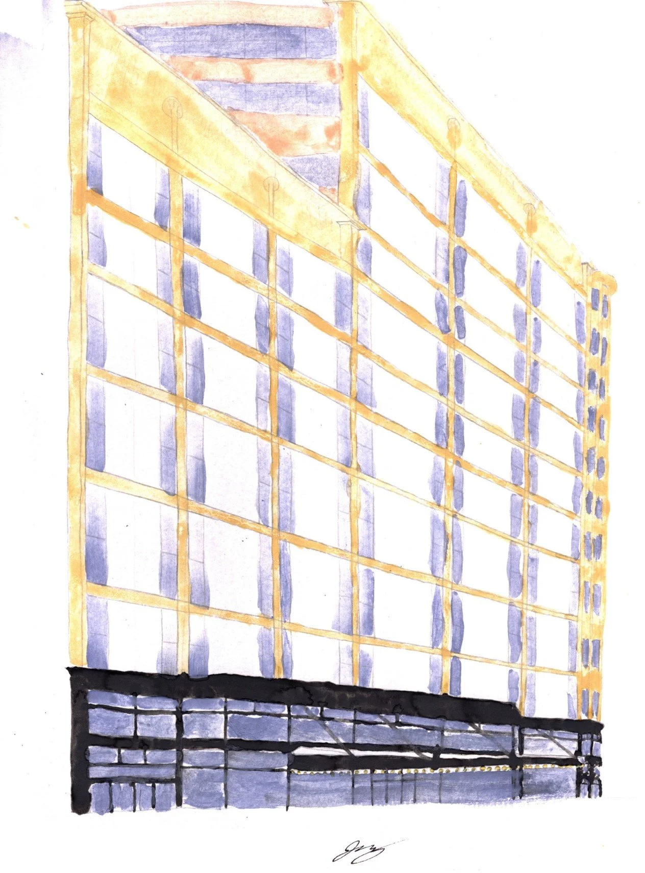 A watercolor of the façade of the Sullivan Center in Chicago