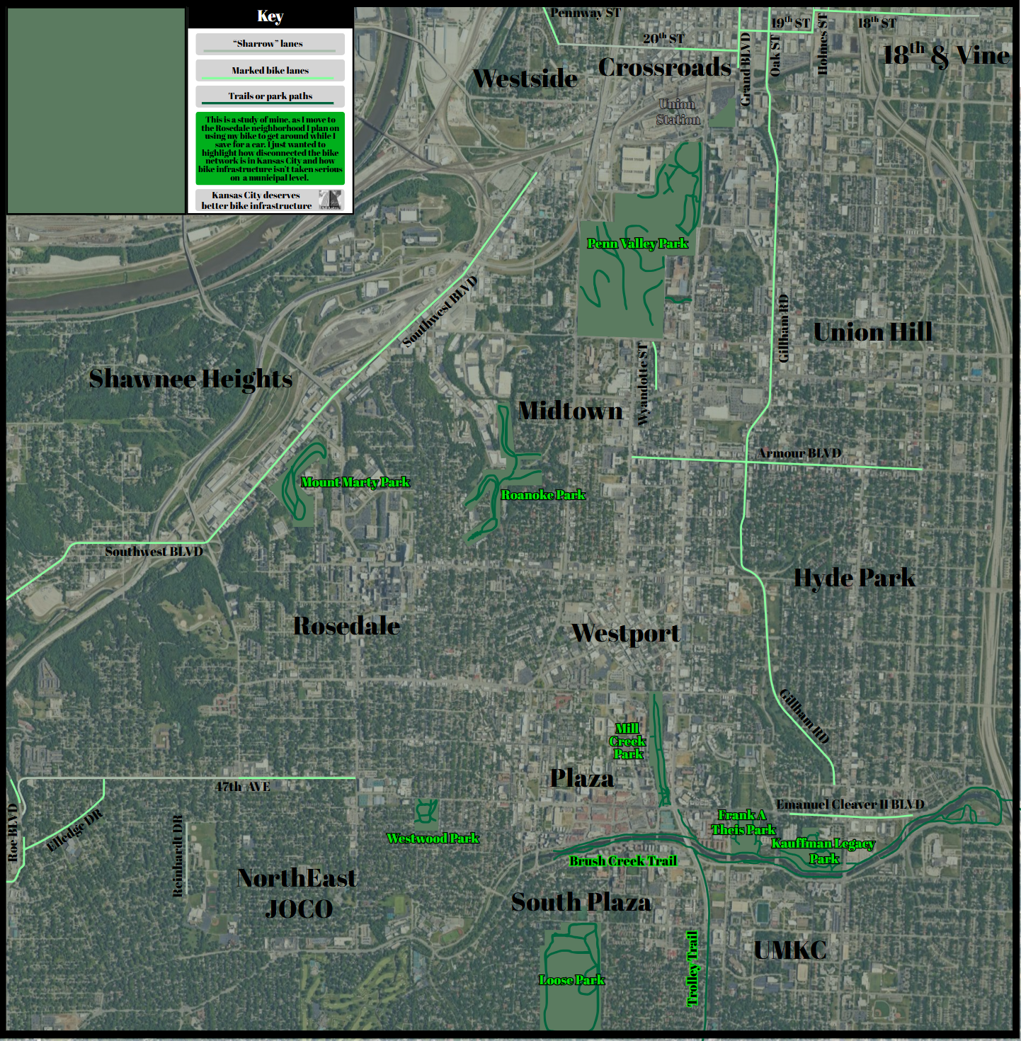 A map of the bike infrastructure for the Kansas City metro area (centered on the neighborhood of Westport) ~ designed in Canva and Google Earth