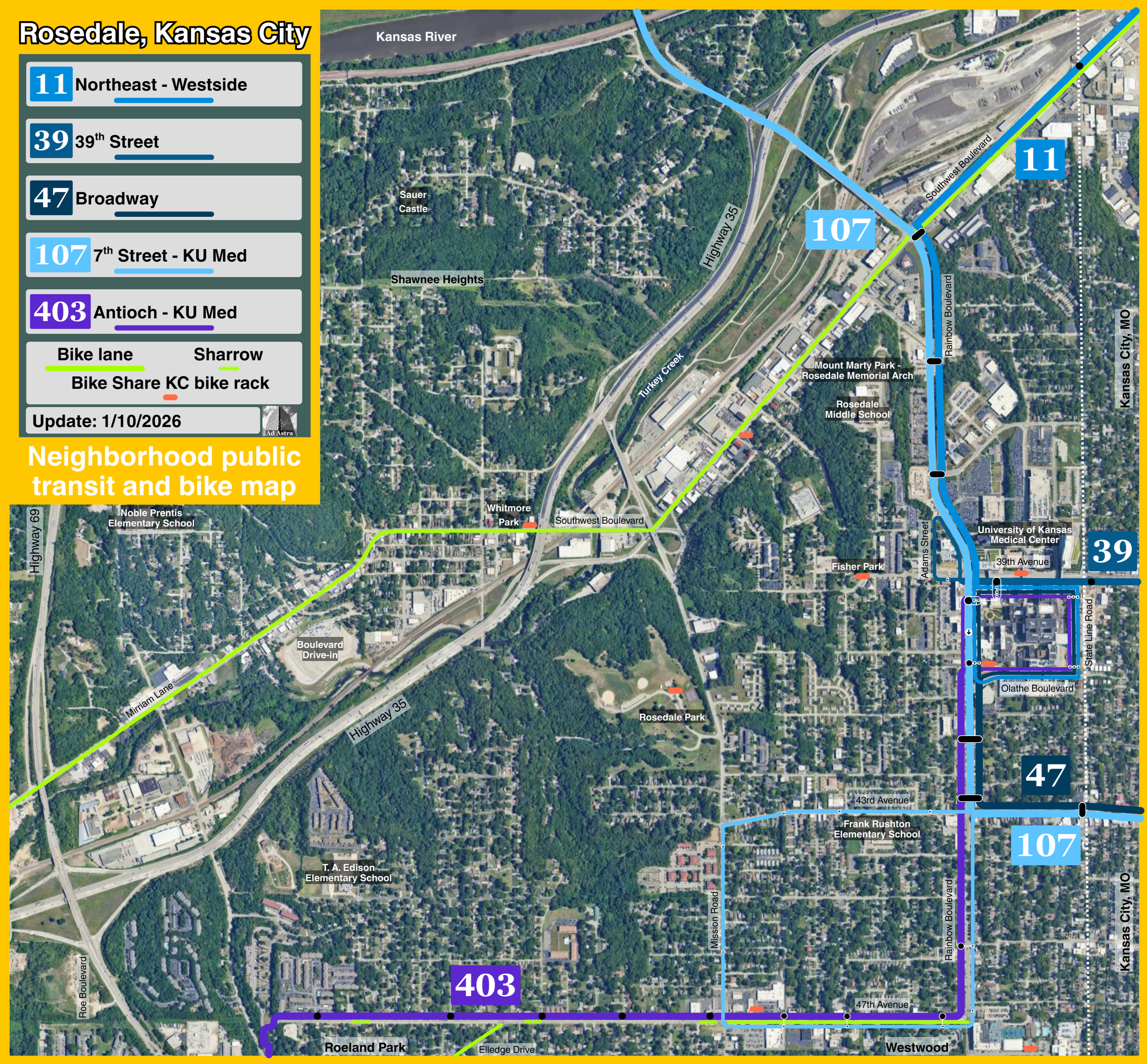 Rosedale Neighborhood Public Transportation and Bike Map - designed in Canva and Google Earth
