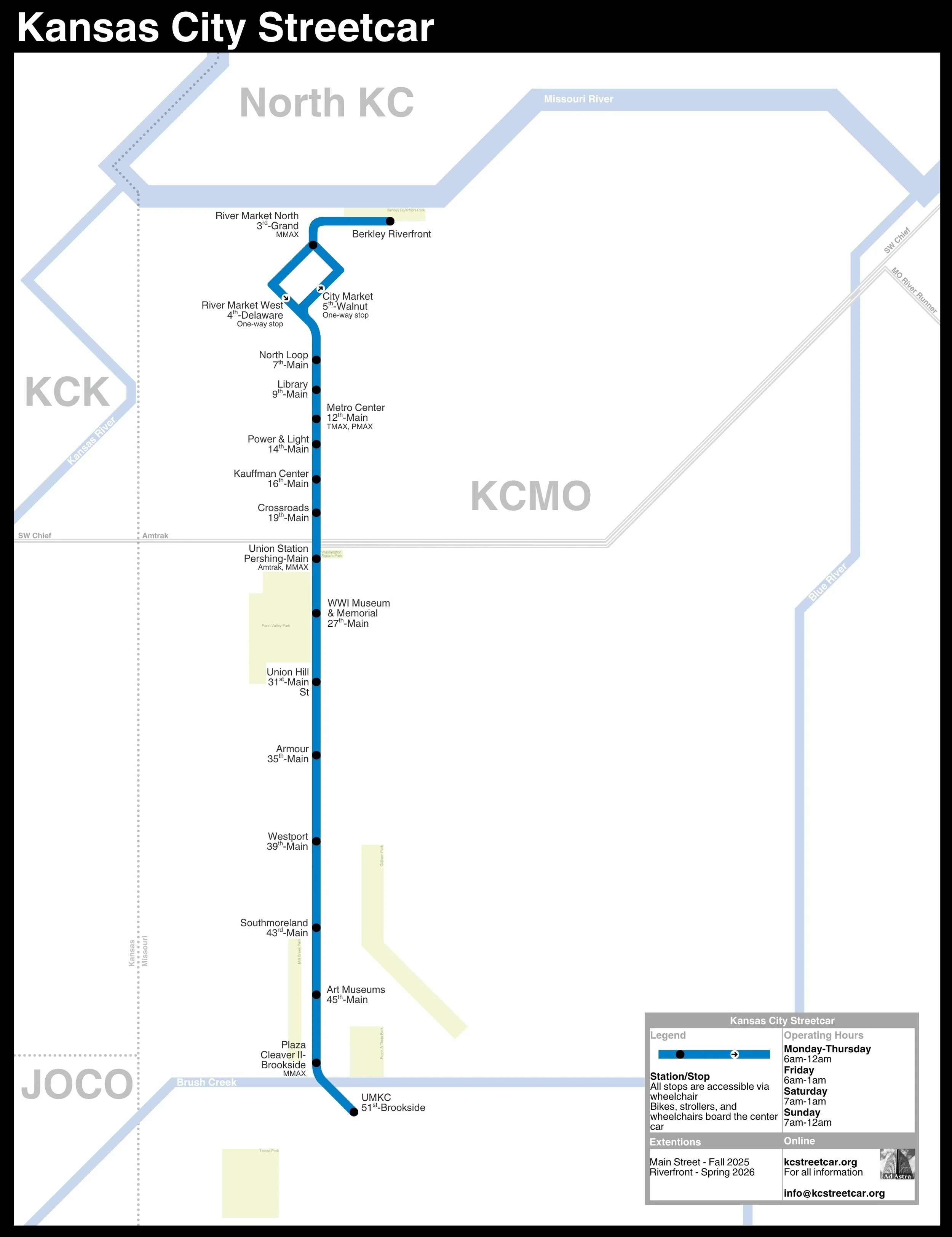 A map of the Kansas City Streetcar made in the style of the 2025 NYC subway map ~ designed in Canva