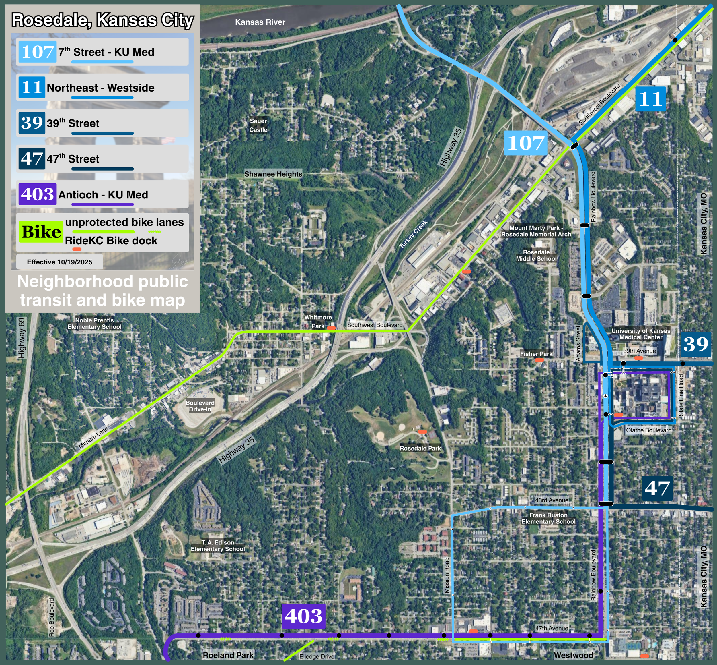 Rosedale Neighborhood Public Transportation and Bike Map - designed in Canva and Google Earth