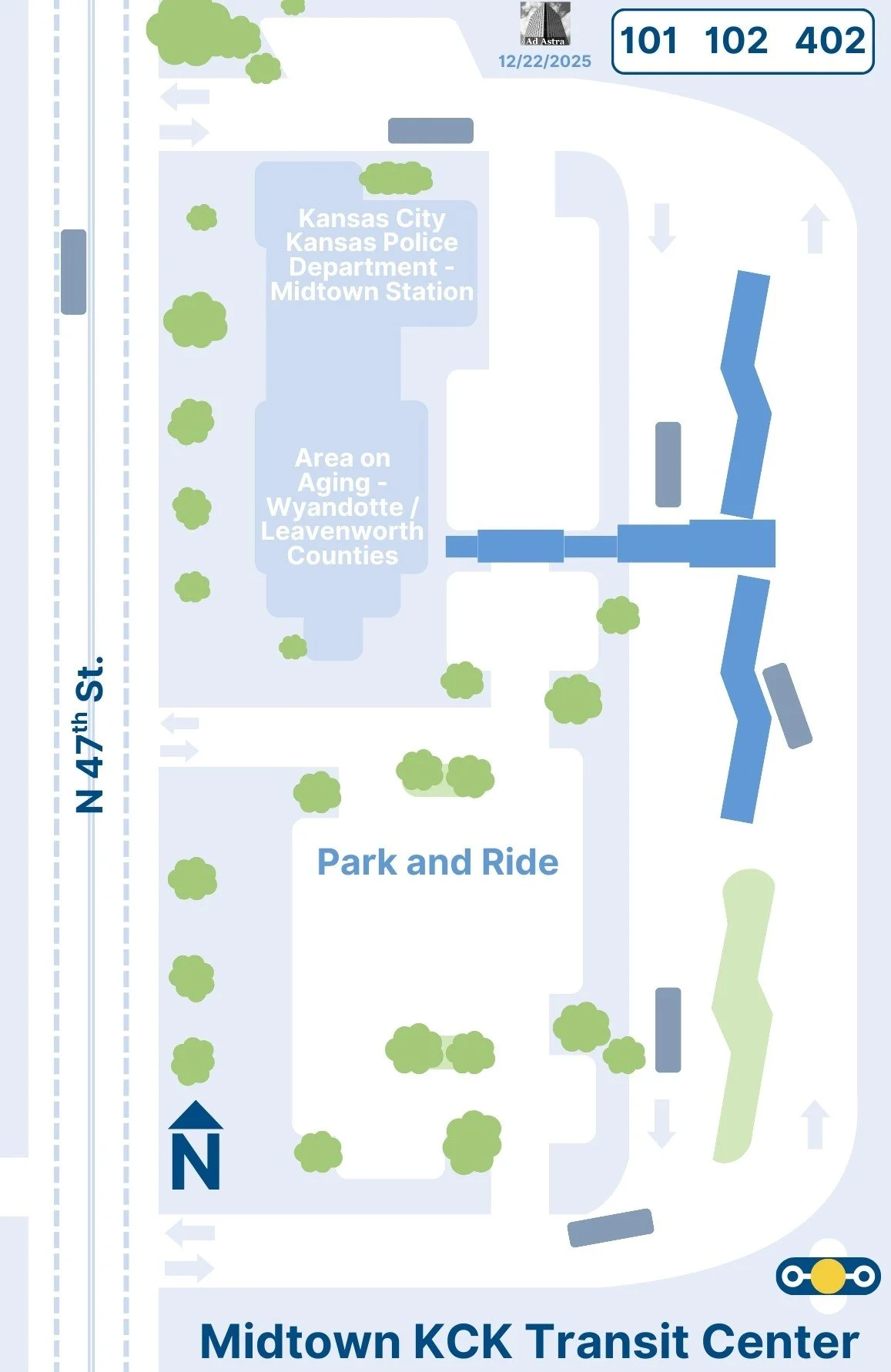 A diagram of the Midtown KCK Transit Center done in the KCATA style ~ designed in Canva