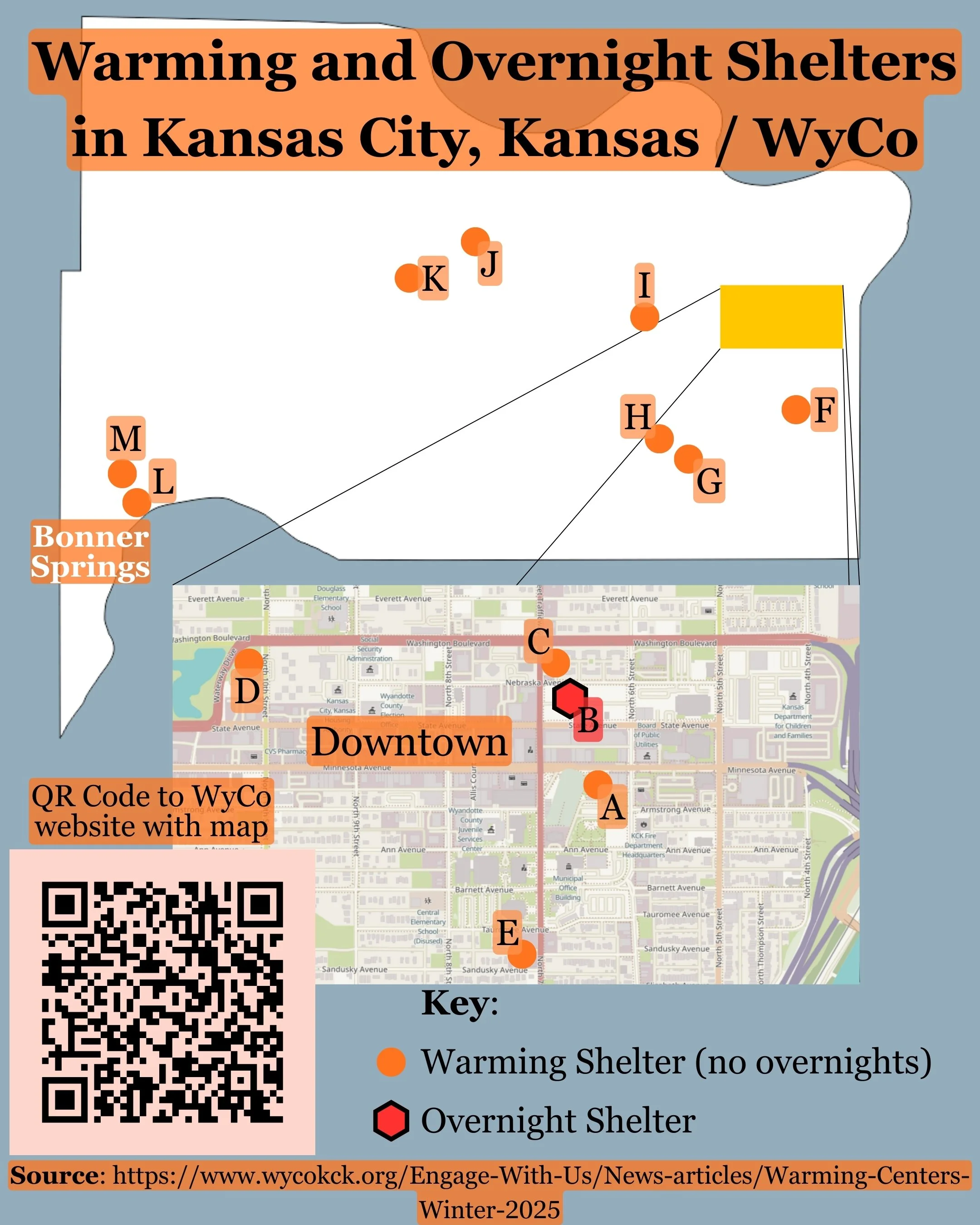 Page 1 of the 2025-2026 warming shelter map for Wyandotte County Kansas - designed in Canva