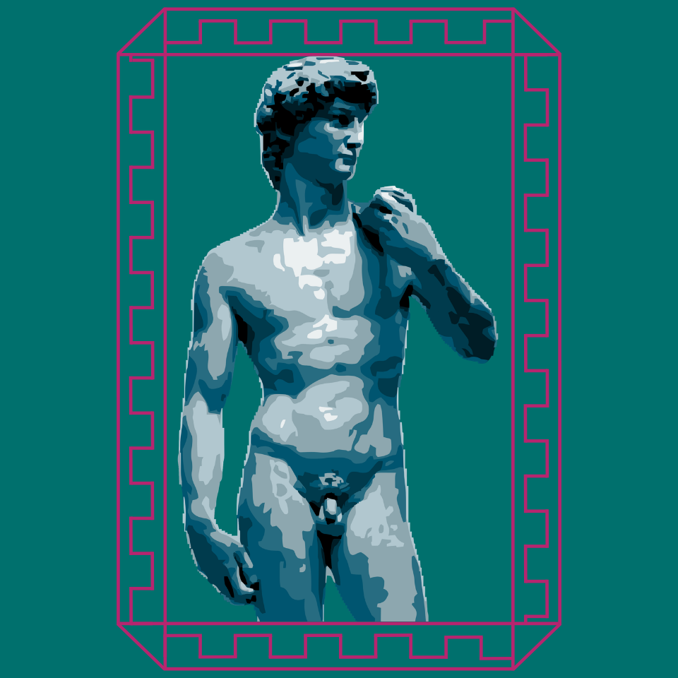 A logo designed for Blue Emerald with the statue of David by Michelangelo to showcase masculinity and details ~ designed in Canva