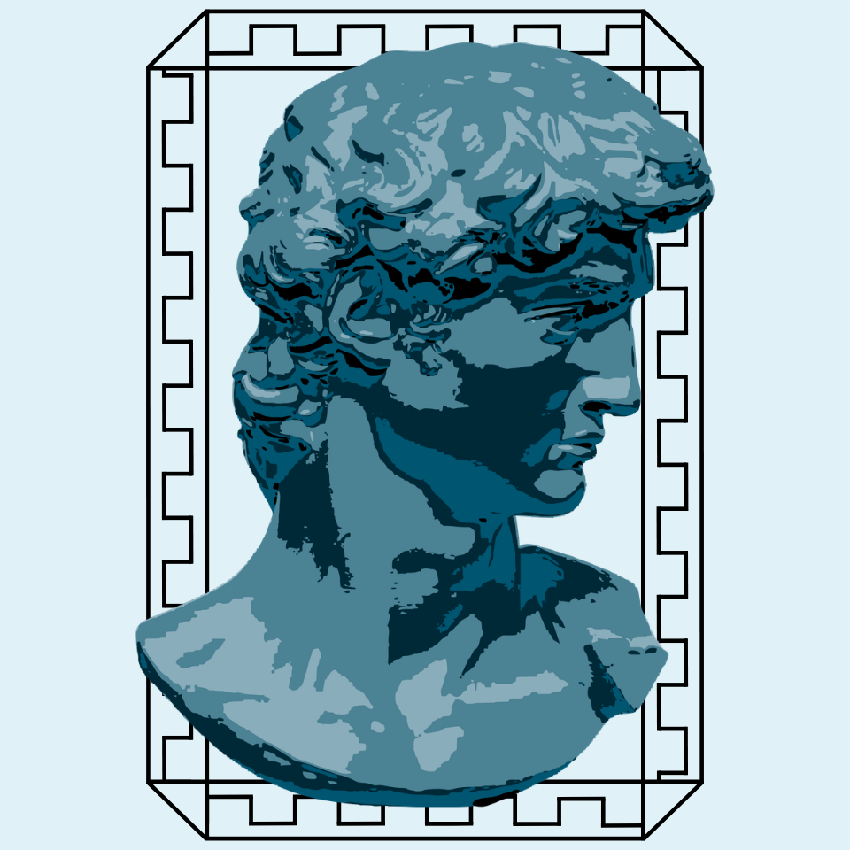A logo designed for Blue Emerald with the bust of David by Michelangelo to showcase masculinity and details  ~ designed in Canva