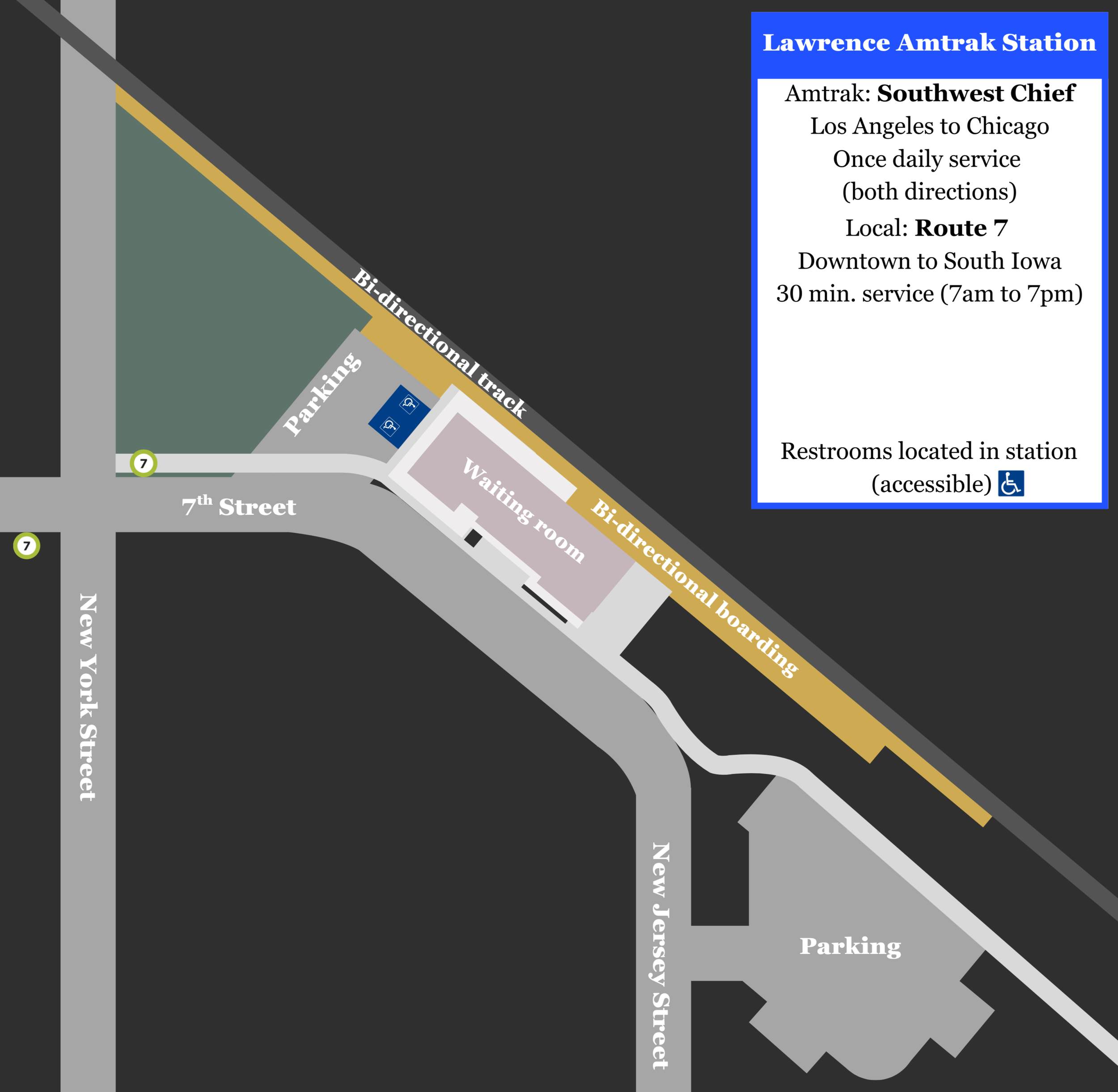 A diagram of the Amtrak station in Lawrence, Kansas - designed in Canva