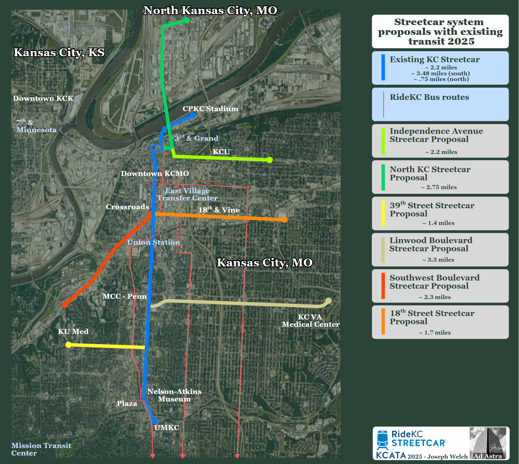 A map compilation of existing public transportation and numerous proposed public transportation extensions in the Kansas City metro area overlayed a google satellite view ~ designed in Google Earth and Canva