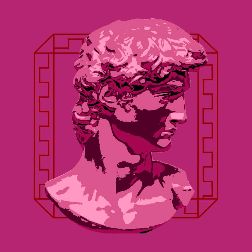 A logo designed for Blue Emerald with the bust of David by Michelangelo to showcase masculinity and details with the ruby and quartz theme  ~ designed in Canva
