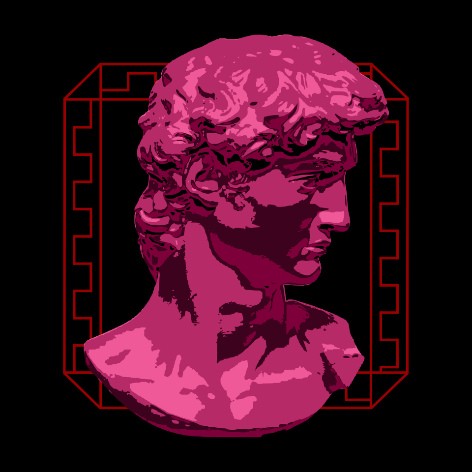 A logo designed for Blue Emerald with the bust of David by Michelangelo to showcase masculinity and details with the ruby theme  ~ designed in Canva