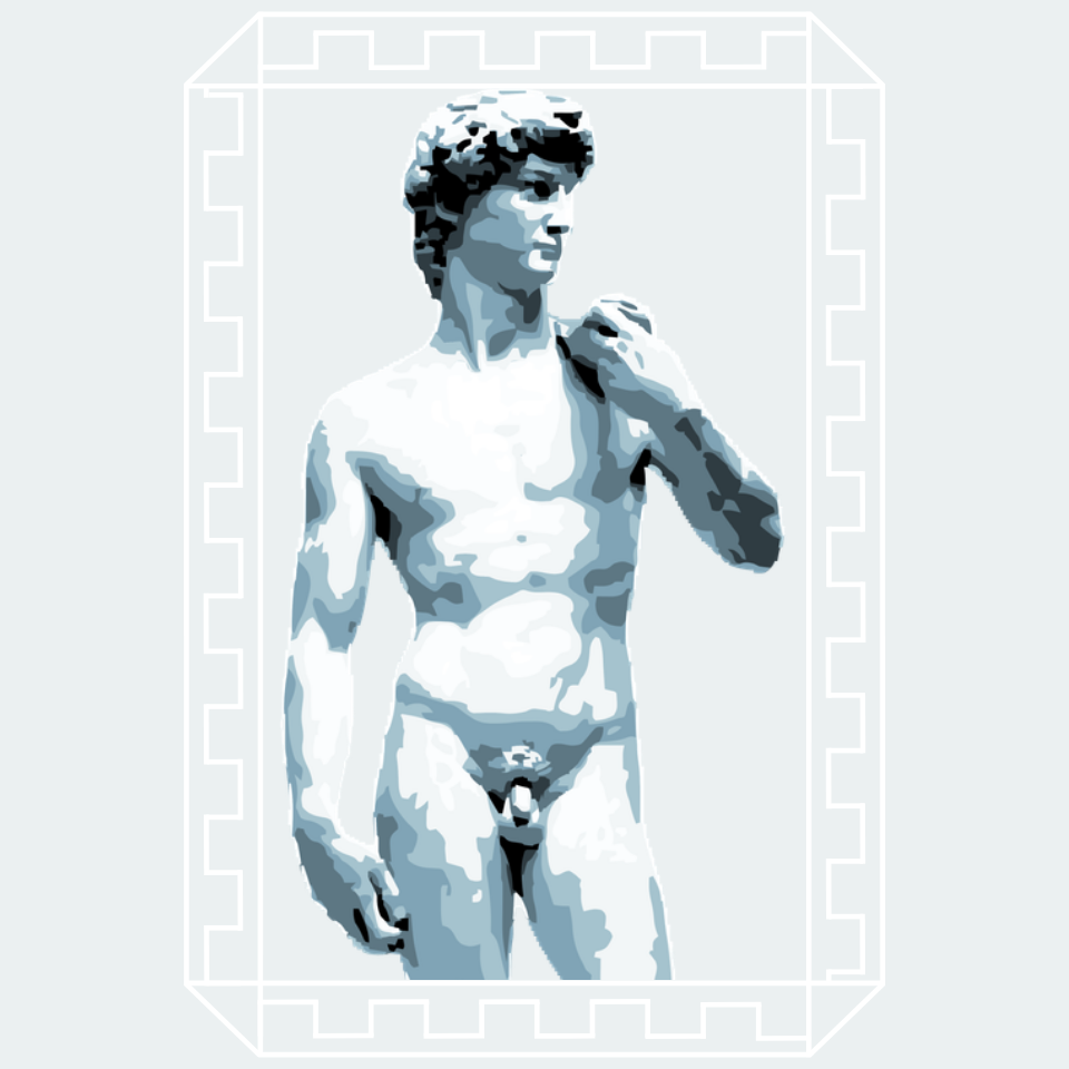 A logo designed for Blue Emerald with the statue of David by Michelangelo to showcase masculinity and details ~ designed in Canva