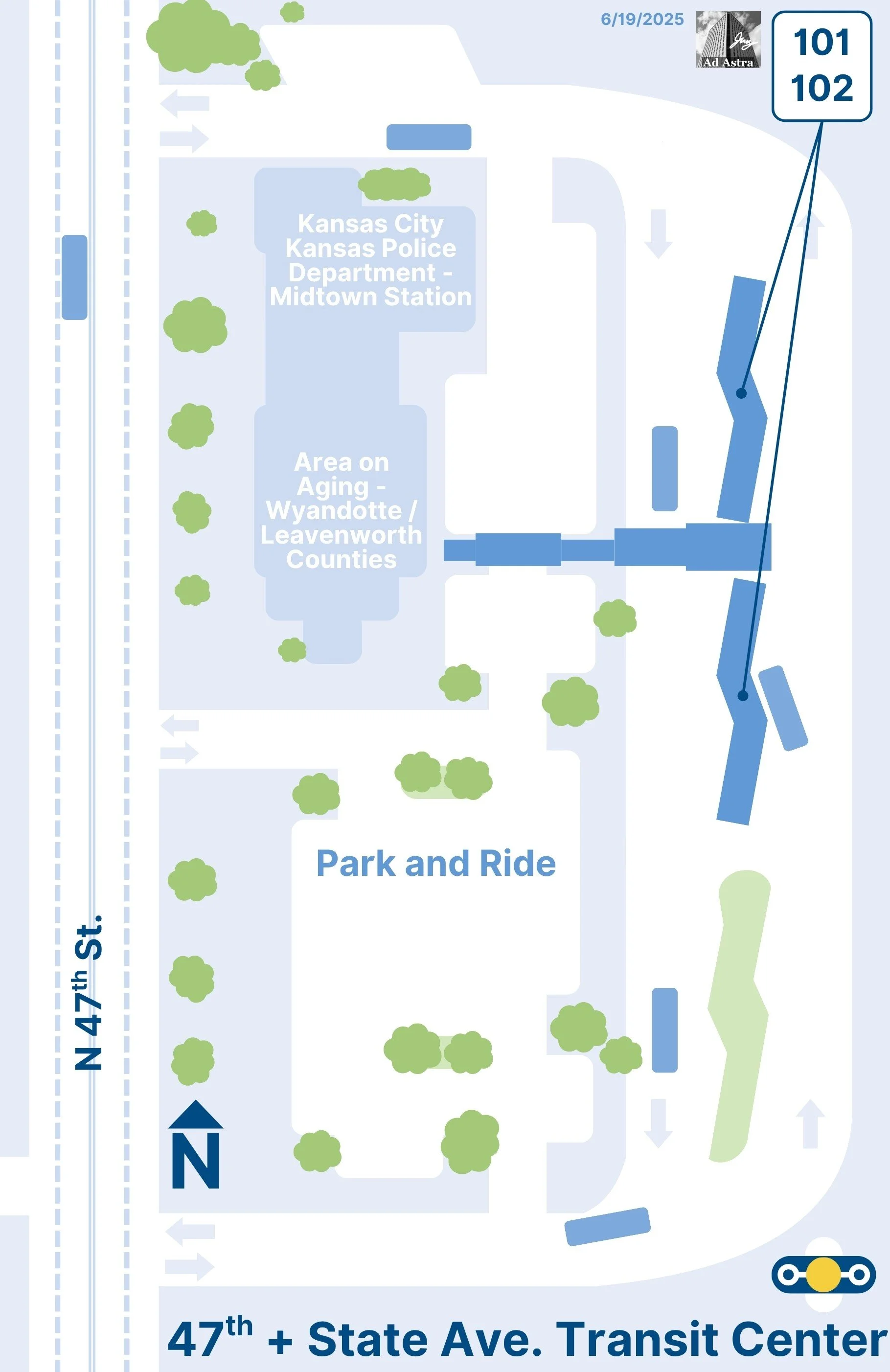 A diagram of the 47th & State Ave Transit Center done in the KCATA style ~ designed in Canva