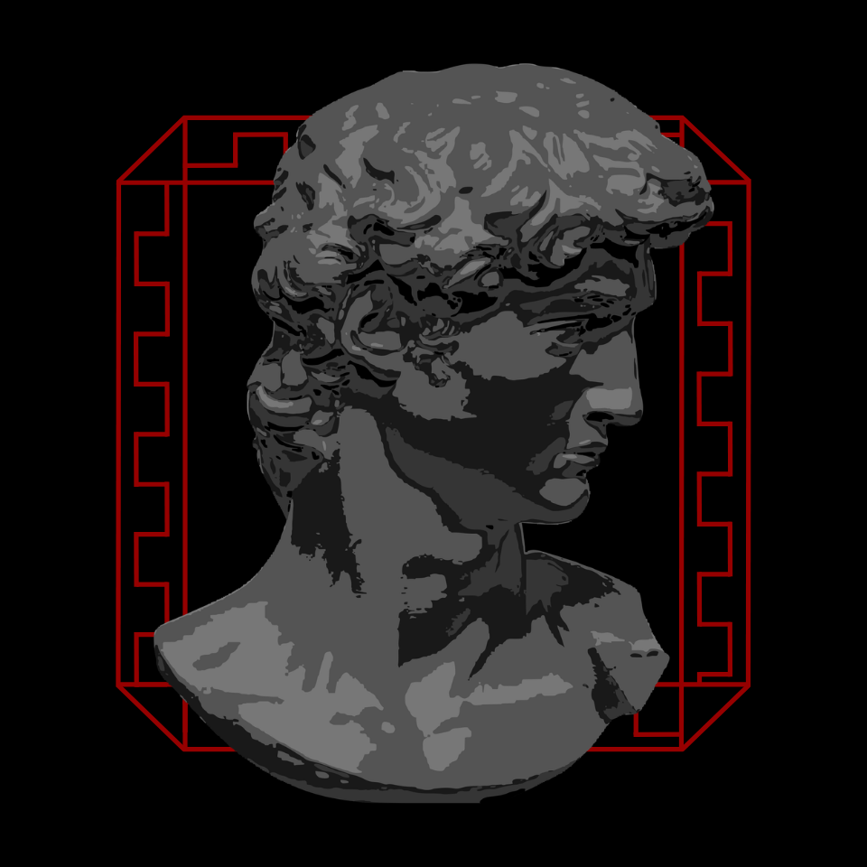 A logo designed for Blue Emerald with the bust of David by Michelangelo to showcase masculinity and details with the ruby theme  ~ designed in Canva