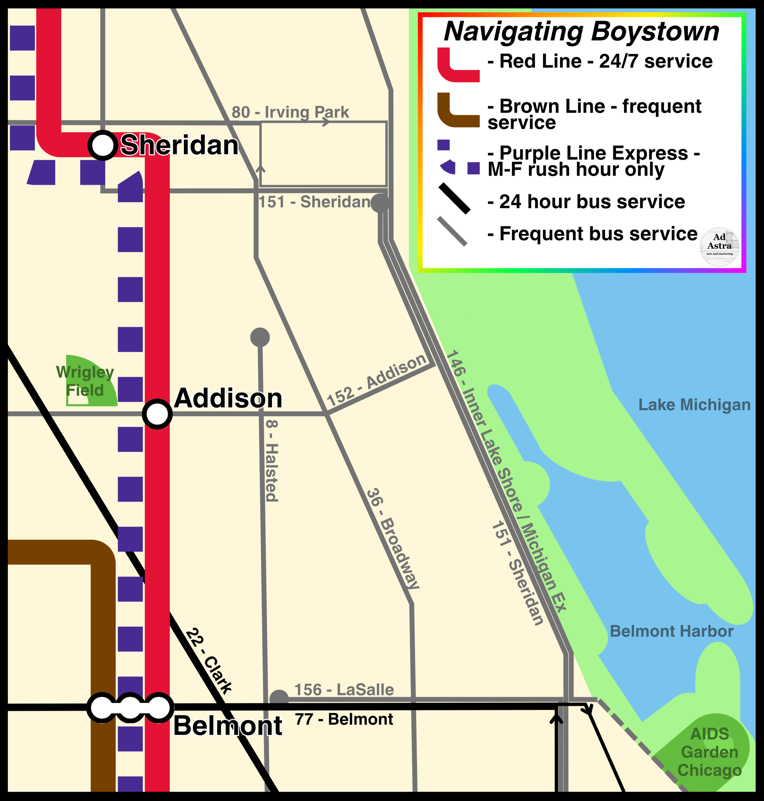 A public transit focused map of "Boystown" in Chicago, Illinois - designed in Canva