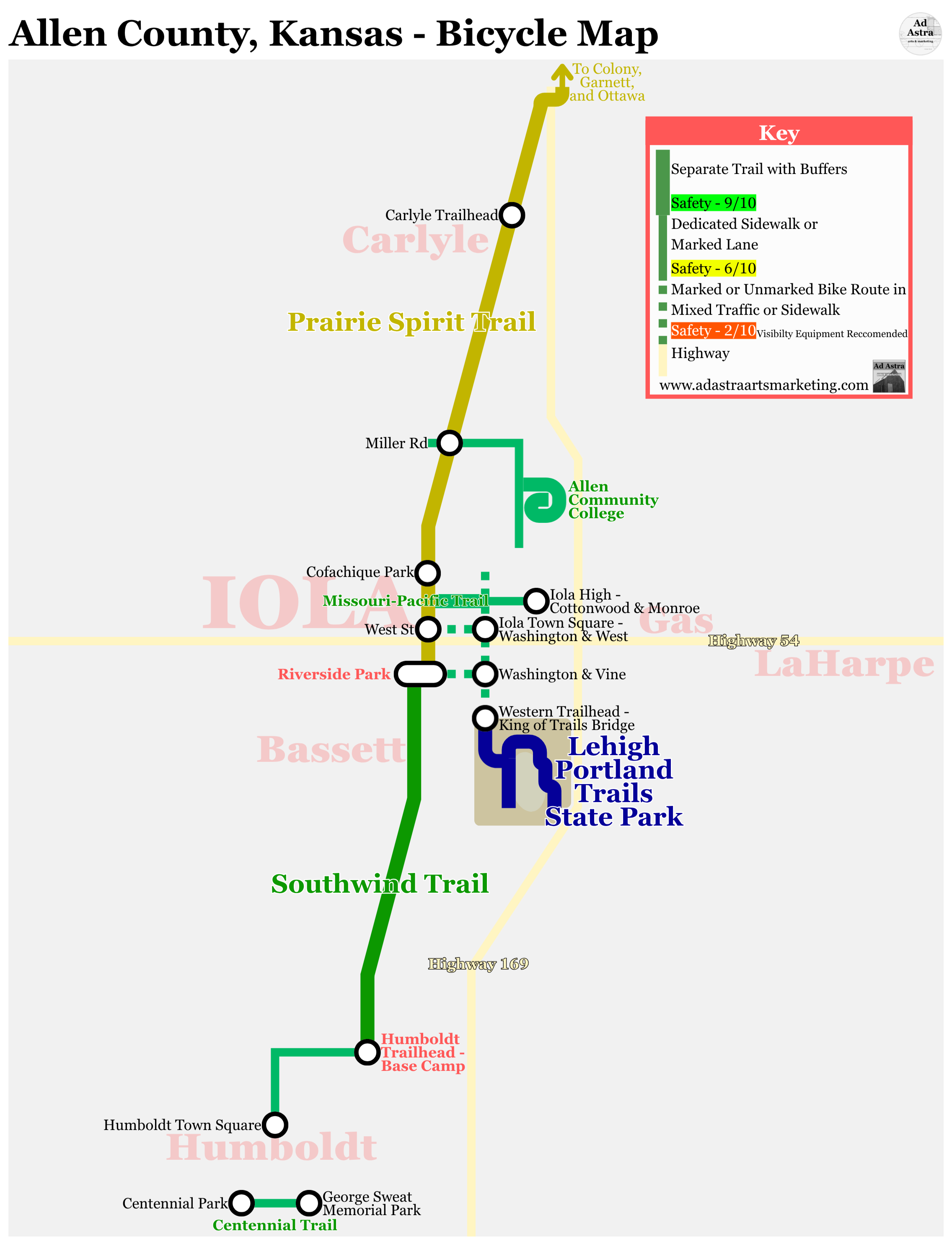 A metro styled map of the bike infrastructure of Allen County, Kansas ~ designed in Canva