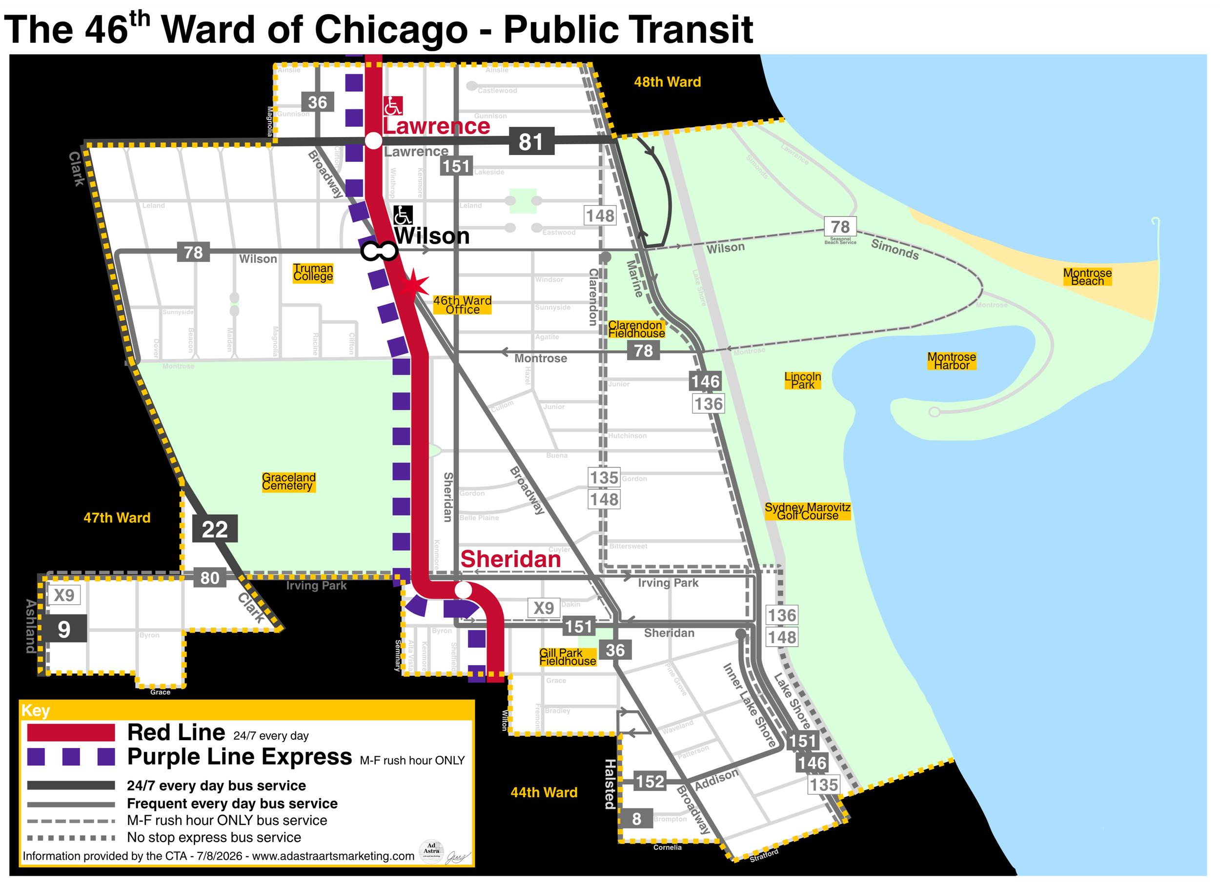 A map of the 46th Ward of Chicago and the public transit available in the ward ~ designed in Canva