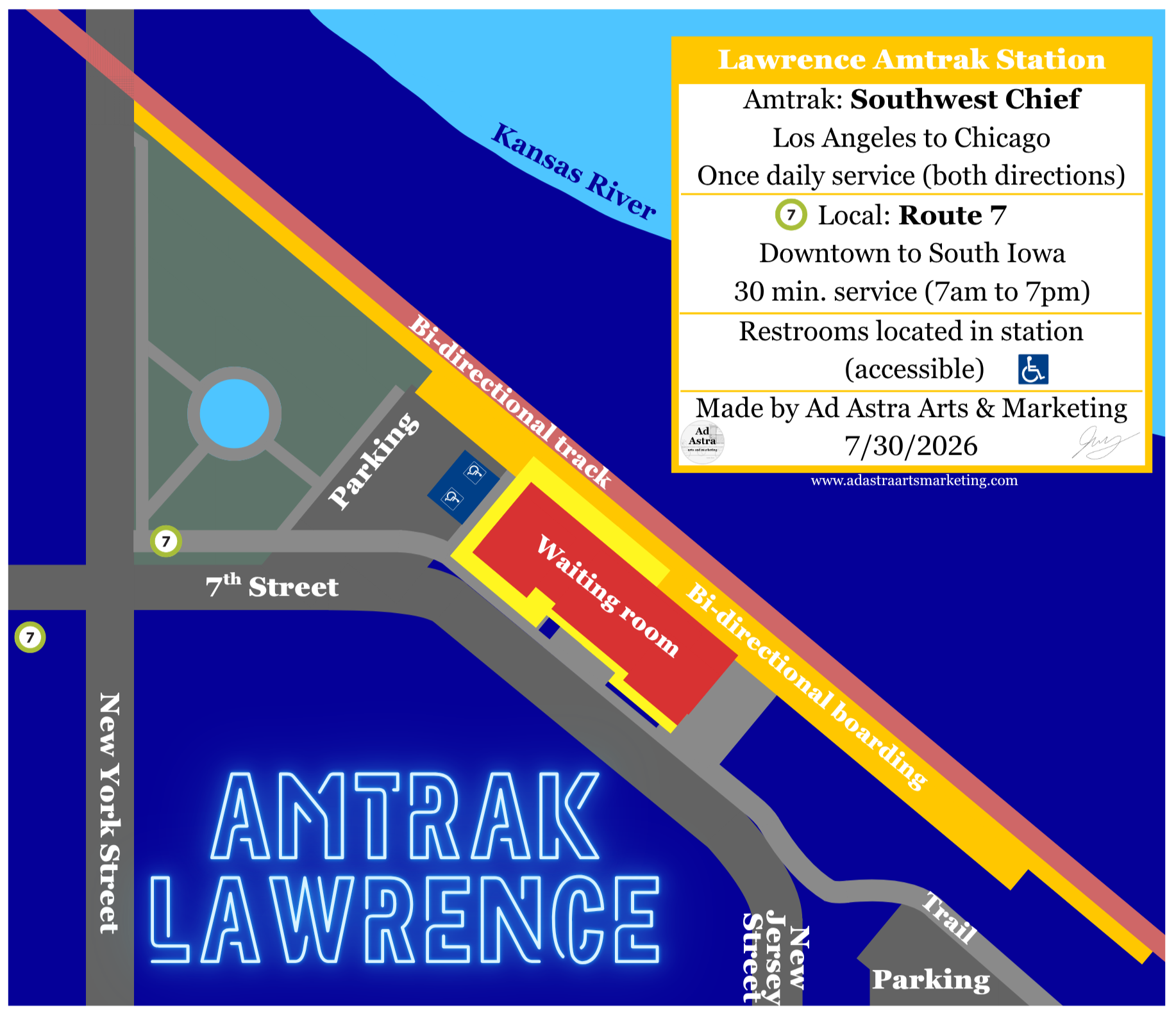 A diagram of the Amtrak station in Lawrence, Kansas - designed in Canva