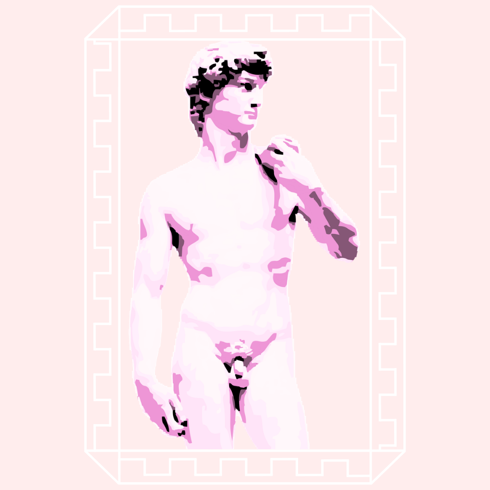 A logo designed for Blue Emerald with the statue of David by Michelangelo to showcase masculinity and details with the quartz theme ~ designed in Canva