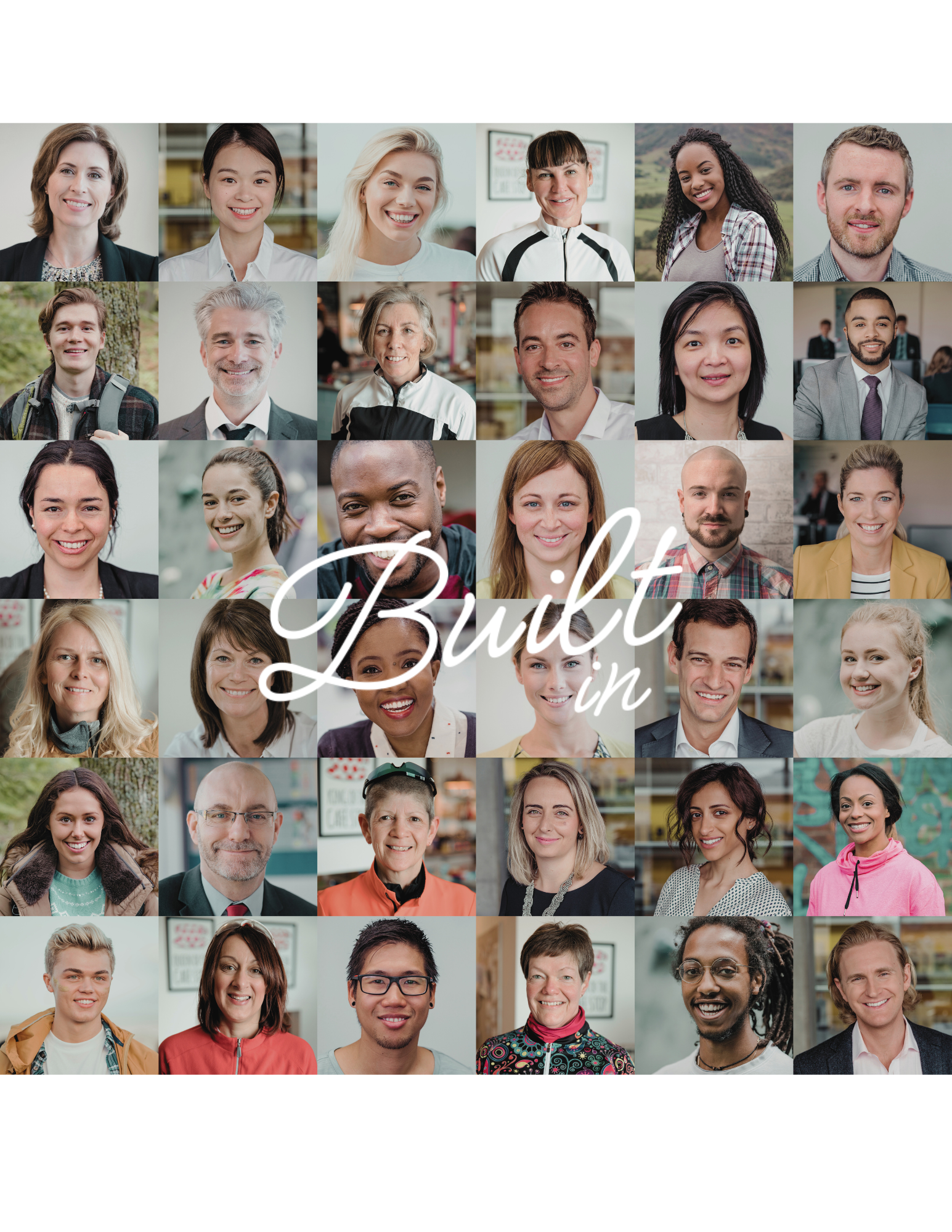 Collage of diverse smiling people with the text "Built in" overlaid in the center.