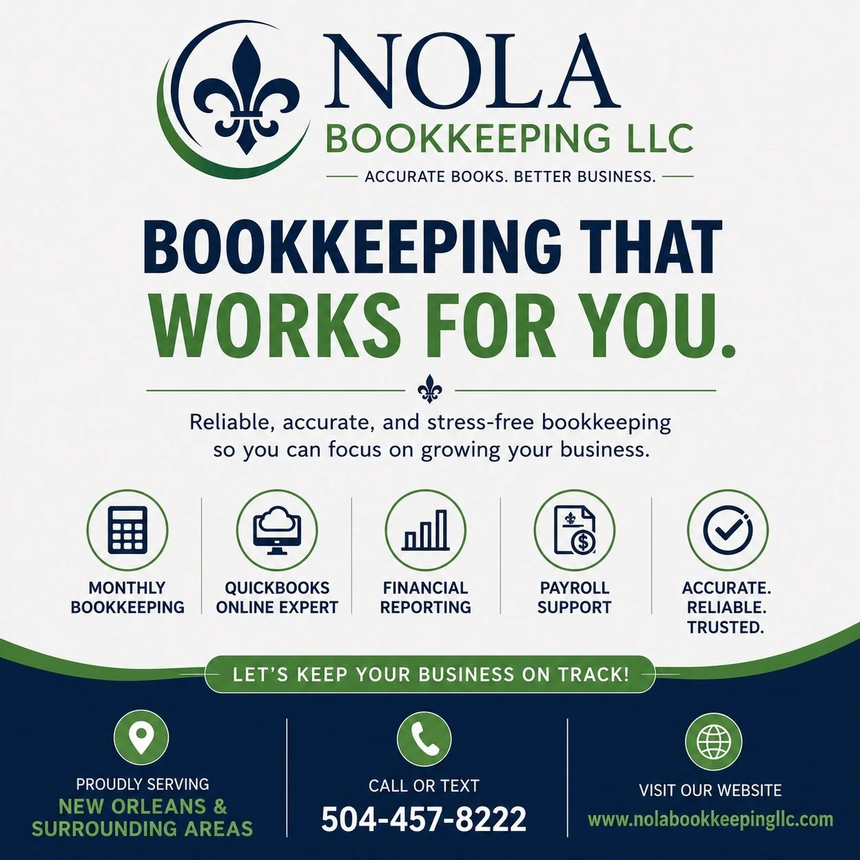 Advertisement for NOLA Bookkeeping LLC featuring a logo with a fleur-de-lis, slogan 'Bookkeeping that works for you,' icons for bookkeeping services, and contact information including a phone number and website.
