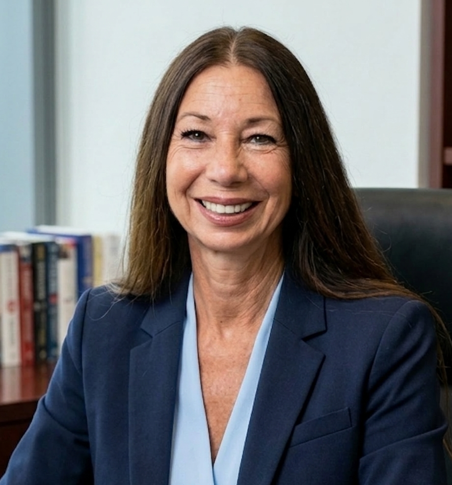 A smiling woman with long brown hair, wearing a navy blazer and light blue blouse, sitting in an office with bookshelves in the background.