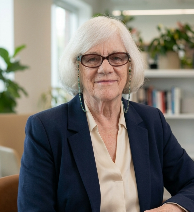 A senior woman with white hair and glasses, wearing a navy blazer and cream blouse, sitting in a bright, modern office with plants and a bookshelf in the background.