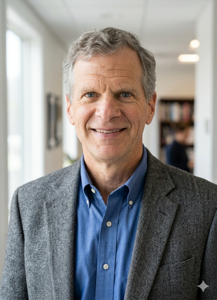 A middle-aged man with gray hair wearing a blue shirt and a gray blazer, smiling in an office setting.
