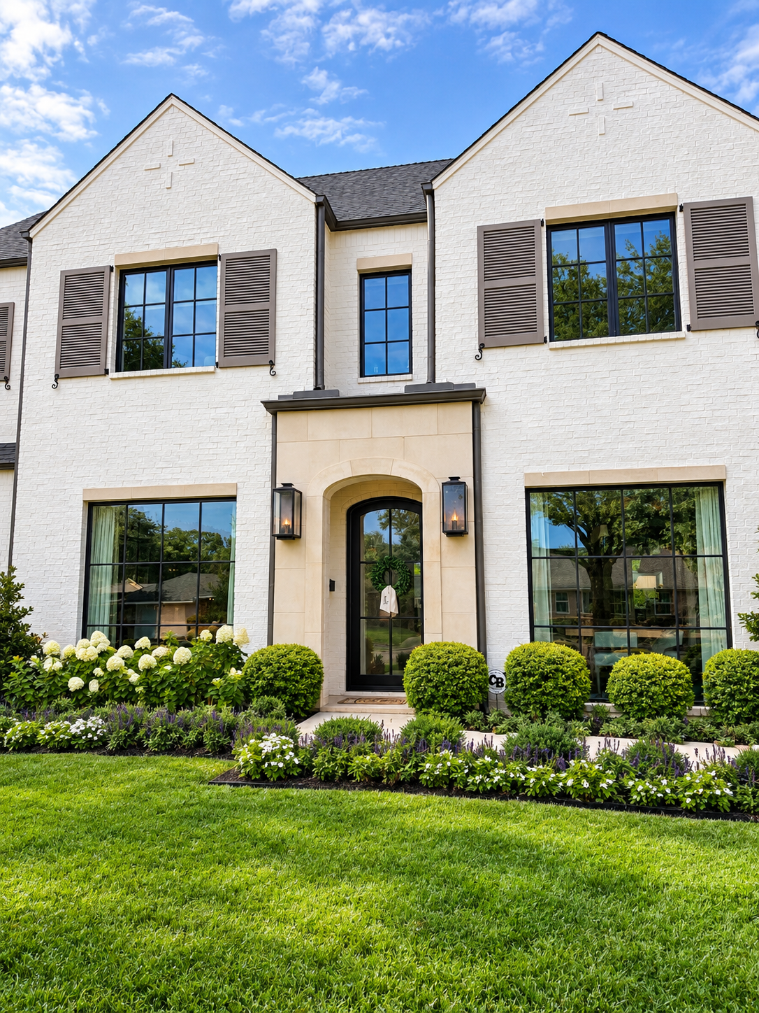 Elegant White-Brick Home with Symmetrical Landscaping.png
