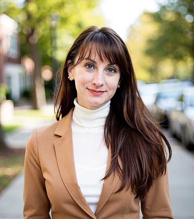 A woman with long brown hair, blue eyes, and fair skin, standing outdoors on a sunny day, wearing a tan blazer over a white turtleneck sweater, with trees and cars in the background.