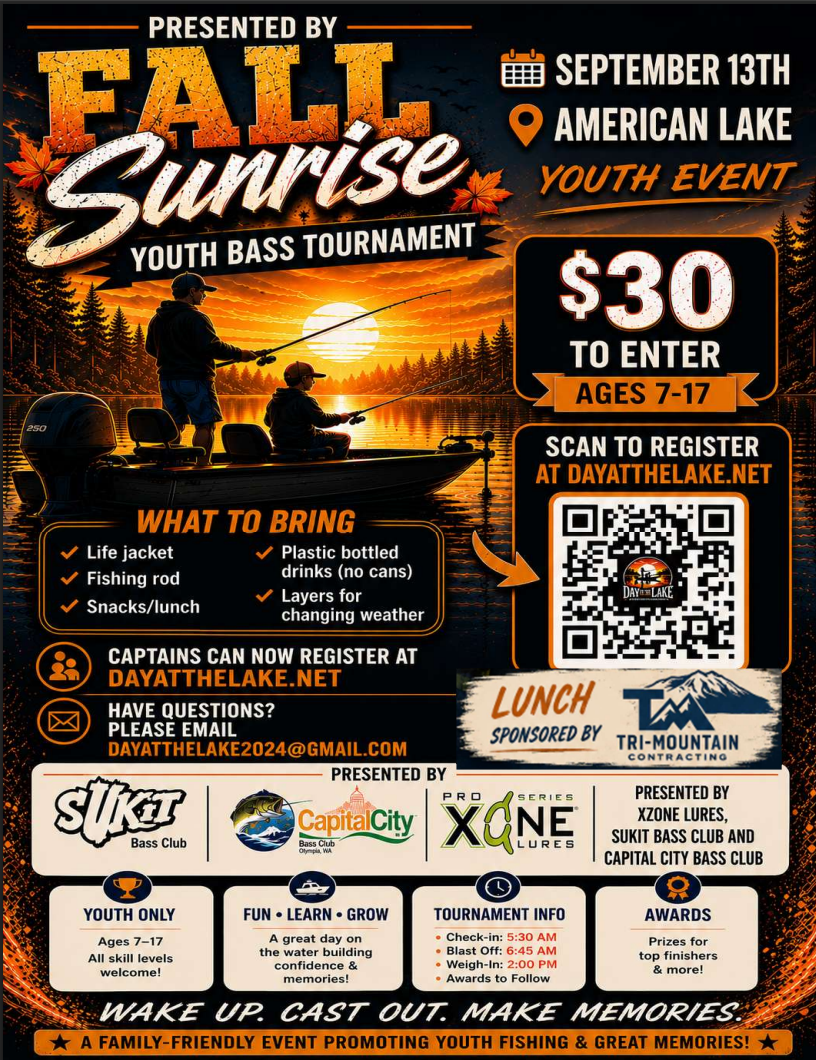 Fall Sunrise Youth Bass Tournament | American Lake September 13th, 2026