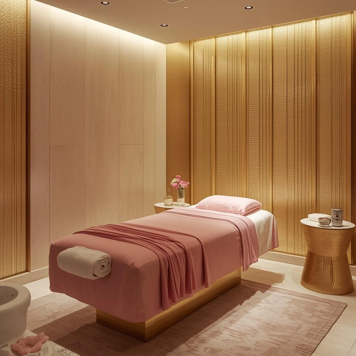 Hotel or spa massage table with pink linens and towel, in a room with decorated gold and wood-paneled walls.
