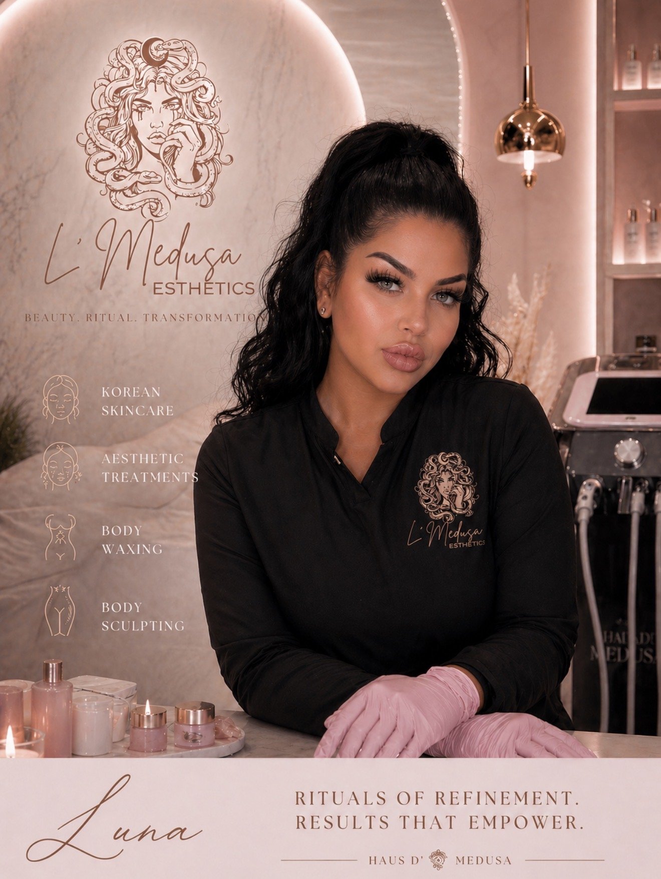 A woman with dark curly hair tied up in a high ponytail, wearing makeup, and a black uniform with the logo 'L'Medusa Esthetics,' sitting in a skincare or aesthetics clinic. The background features a large logo of a woman with snakes around her head, a sign reading 'L'Medusa Esthetics,' and a list of services including Korean skincare, aesthetic treatments, body waxing, and sculpting. There are candles and skincare products on the table in front of her.