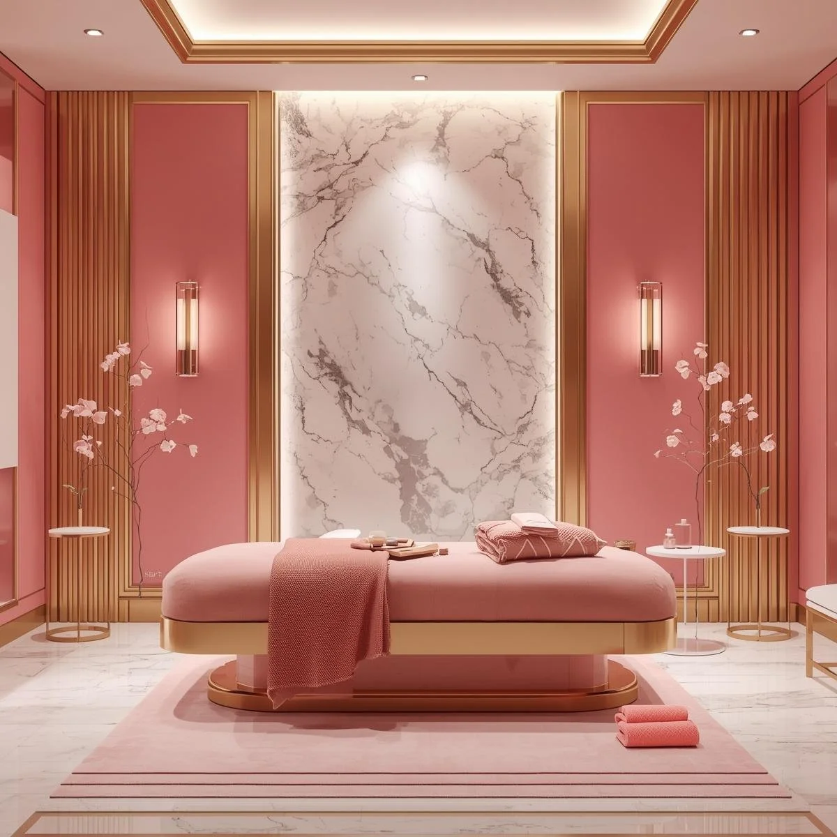 A luxurious massage or relaxation room with pink and gold decor, a massage bed, pink towels, and floral accents.