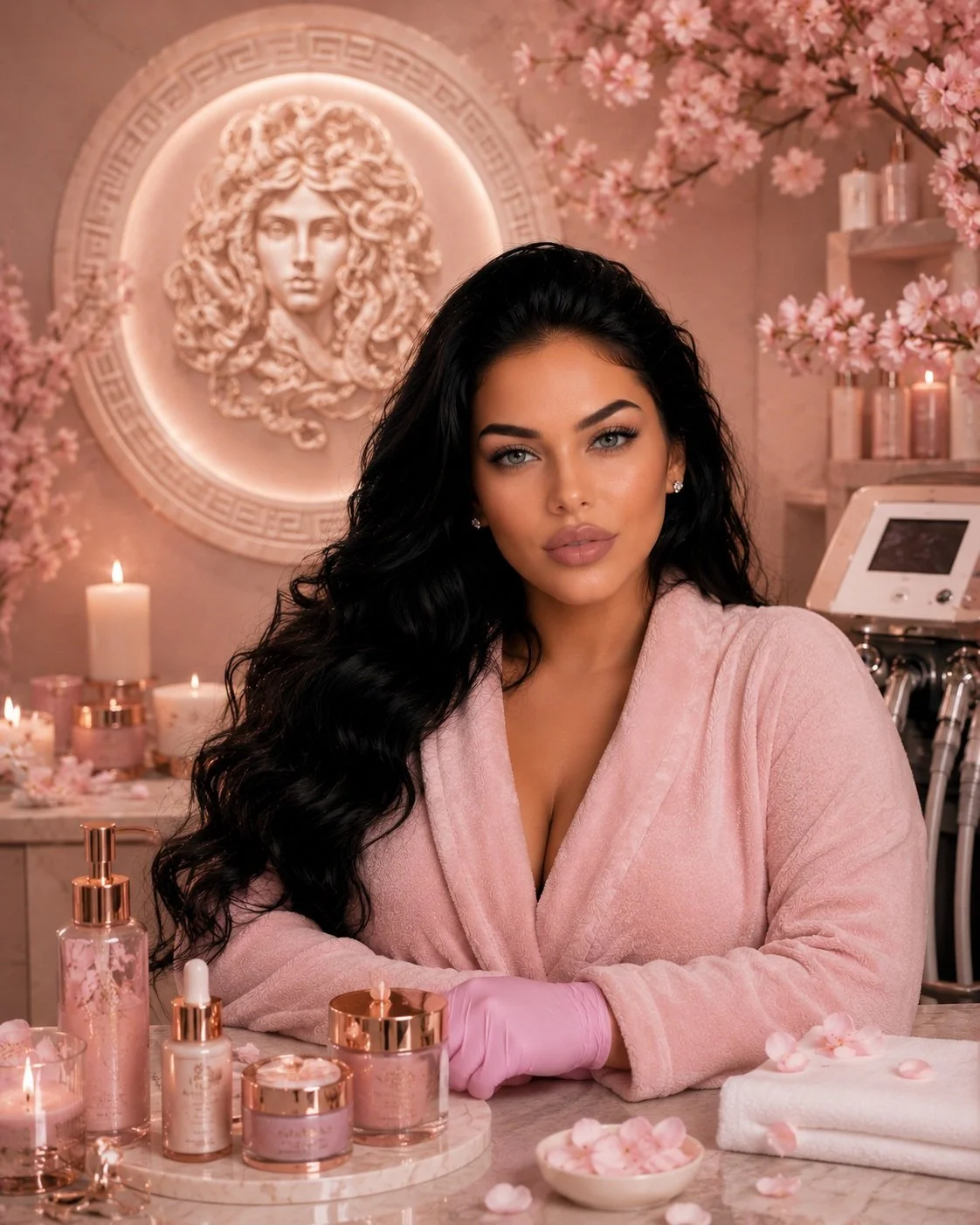 A woman with long black hair and blue eyes sitting at a vanity with pink and rose gold skincare products and candles. She is wearing a pink robe and pink gloves. The background features pink cherry blossom branches, lit candles, and a large Medusa head wall decor.