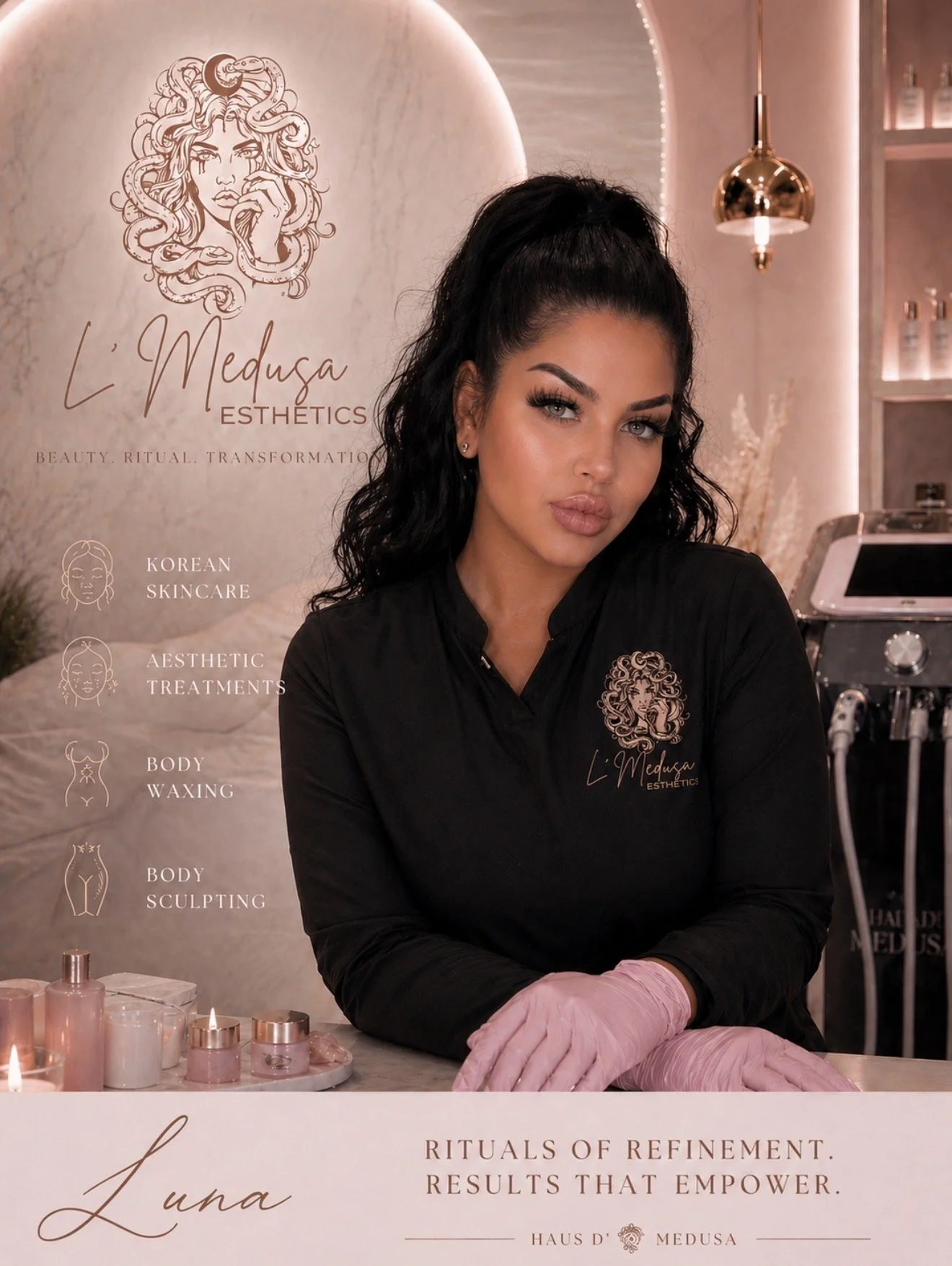 A woman with dark hair in a high ponytail, wearing a black uniform with the logo 'L' Medusa Esthetics' and pink gloves, is sitting at a counter inside a beauty or skincare clinic. Behind her, there is a poster with the logo and name 'L Medusa Esthetics,' along with icons indicating services such as Korean skincare, aesthetic treatments, body waxing, body sculpting, and rituals of refinement. The clinic has a modern, elegant decor with warm lighting, a marble wall, and scented candles on the counter.