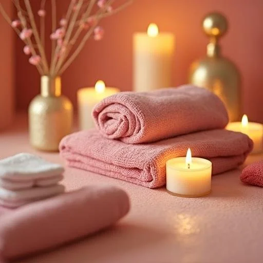 Stacked pink towels surrounded by lit candles, a vase with pink flowers, and decorative objects in a spa or relaxation setting.