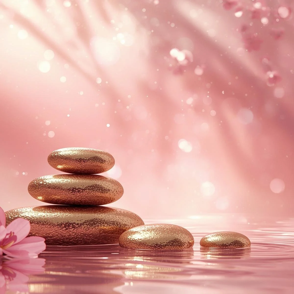 A digital illustration of smooth, metallic, rose gold stones stacked in a Zen arrangement on water, with pink flowers and a pink, sparkly background.